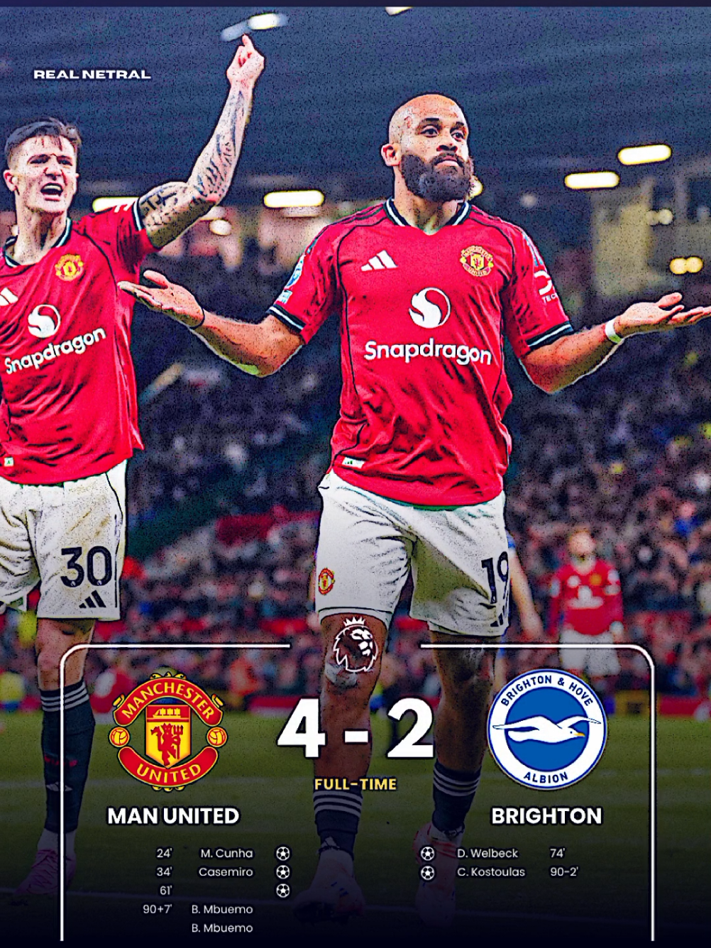 King Emyu kembali raih kemenangan, King Emyu menang 4-2 atas Brighton🔥 Matheus Cunha cetak gol pertamanya sebagai pemain King Emyu!🔥 gol MU lainnya dicetak oleh Casemiro dan Bryan Mbuemo cetak brace😎 #PremierLeague #ligainggris #epl #manchesterunited #manutd #manunited #mu #emyu #kingemyu #brighton #muvsbrighton #manutdvsbrighton #matheuscunha #cunha #casemiro #bryanmbeumo #mbuemo #welbeck #rubenamorim #amorim #fypシ #fyp