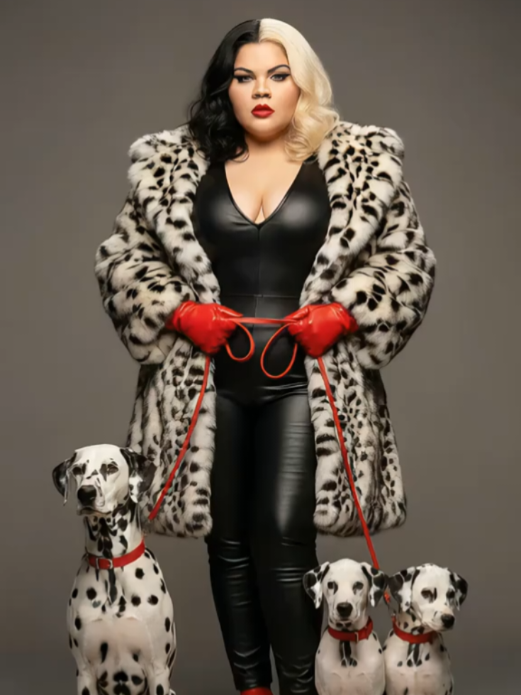 Cruella De Vil Prompt:    Create an image without changing my face, don't change anything about my features Detailed Photograph Description This is a stylized, professional-looking portrait featuring a woman dressed in an outfit strongly reminiscent of the character Cruella de Vil, accompanied by three Dalmatian dogs. The overall atmosphere is dramatic and haute couture. The Woman (Inspired by Cruella) • Outfit: She wears a striking ensemble that emphasizes a dark and elegant aesthetic. • She wears a tight-fitting black leather jumpsuit with a deep V-neckline. • Over the jumpsuit, she wears a large, luxurious faux fur coat with a distinctive black and white spot print, strongly mimicking the fur of a Dalmatian. • Her accessories are bold: she wears bright red gloves and red high-heeled shoes with platform soles. • Appearance and Pose: • She has the iconic half-black, half-blonde hair parted down the middle. • Her makeup is strong, highlighting bright red lipstick and dark, defined eyes. • She stands in the center, looking directly at the camera with a confident gaze. • She holds red leashes that connect to the dogs. The Dogs • Breed and Number: There are three Dalmatian dogs in the photo. • An adult dog stands to the woman's left (viewer's left), with its head near her shoulder. • Two smaller Dalmatian puppies sit at her feet, one on each side. • Props: All three dogs wear red collars that match the woman's accessories. Setting and Composition • Background: The setting is minimalist, with a solid, indistinct gray or taupe background, which helps the figures and their striking colors stand out. • Lighting: The lighting is studio-quality, soft yet dramatic, highlighting the textures of the skin and leather and giving the woman and dogs a sculpted appearance. • Color Palette: The dominant colors are high contrast black, white, and red, creating a vivid and cohesive aesthetic. #trend #ai #cruella  #dalmatian #halloweencostumes 
