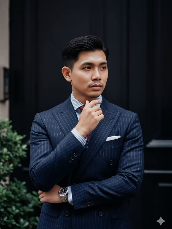 Prompt :  A hyper-realistic portrait of a sophisticated man standing in front of a classic black door with green plants beside it, wearing a navy pinstripe double-breasted suit, striped shirt, and red dotted tie. Clean hairstyle, confident posture, soft daylight illumination with natural contrast. Elegant European atmosphere, cinematic editorial tone, luxury men’s fashion photography, professional lighting setup. --ar 3:4 --style raw --v 6 --q 2 #CapCut #gemini #fashion #magazine #model 
