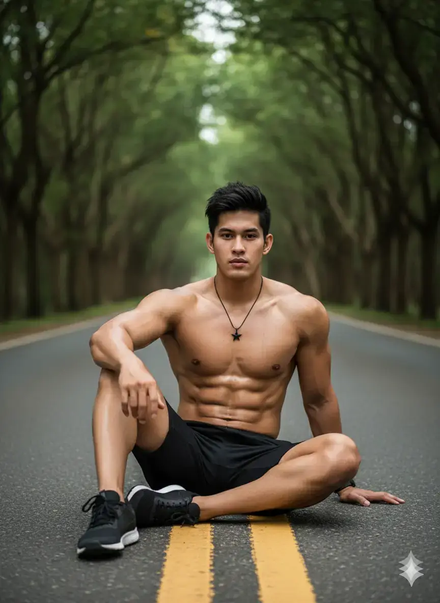 Buatkan foto dengan wajah semirip mungkin dengan aslinya. Seorang pria Indonesia usia 24 tahun, tinggi 181 cm, berat 65 kg, kulit tan bersih, dan rambut hitam. Sebuah bidikan penuh seorang pria tampan dengan tubuh dan kepala berotot yang berkeringat, bertelanjang dada dan mengenakan celana pendek olahraga dan sepatu lari. Kalung titanium hitam dengan liontin bintang dan smartwatch. Dia duduk santai di garis kuning ganda jalan beraspal, dengan tangan kirinya bertumpu di tanah di belakangnya untuk menopang dan lengan kanannya ditekuk dengan tangan bertumpu di lututnya. Kakinya terentang ke depan, dengan lutut kanan sedikit ditekuk dan kaki kirinya sebagian besar lurus. Dia menatap langsung ke kamera dengan ekspresi percaya diri.  Di latar belakang, terdapat jalan yang dipenuhi pepohonan yang menciptakan efek terowongan alami. Pencahayaannya lembut dan alami, menonjolkan detail pakaian dan fitur wajahnya. Gambarnya tajam, berkualitas tinggi, dan detail, dengan sedikit des. #ai #fy #fypシ゚ #fypage #fyppppppppppppppppppppppp 