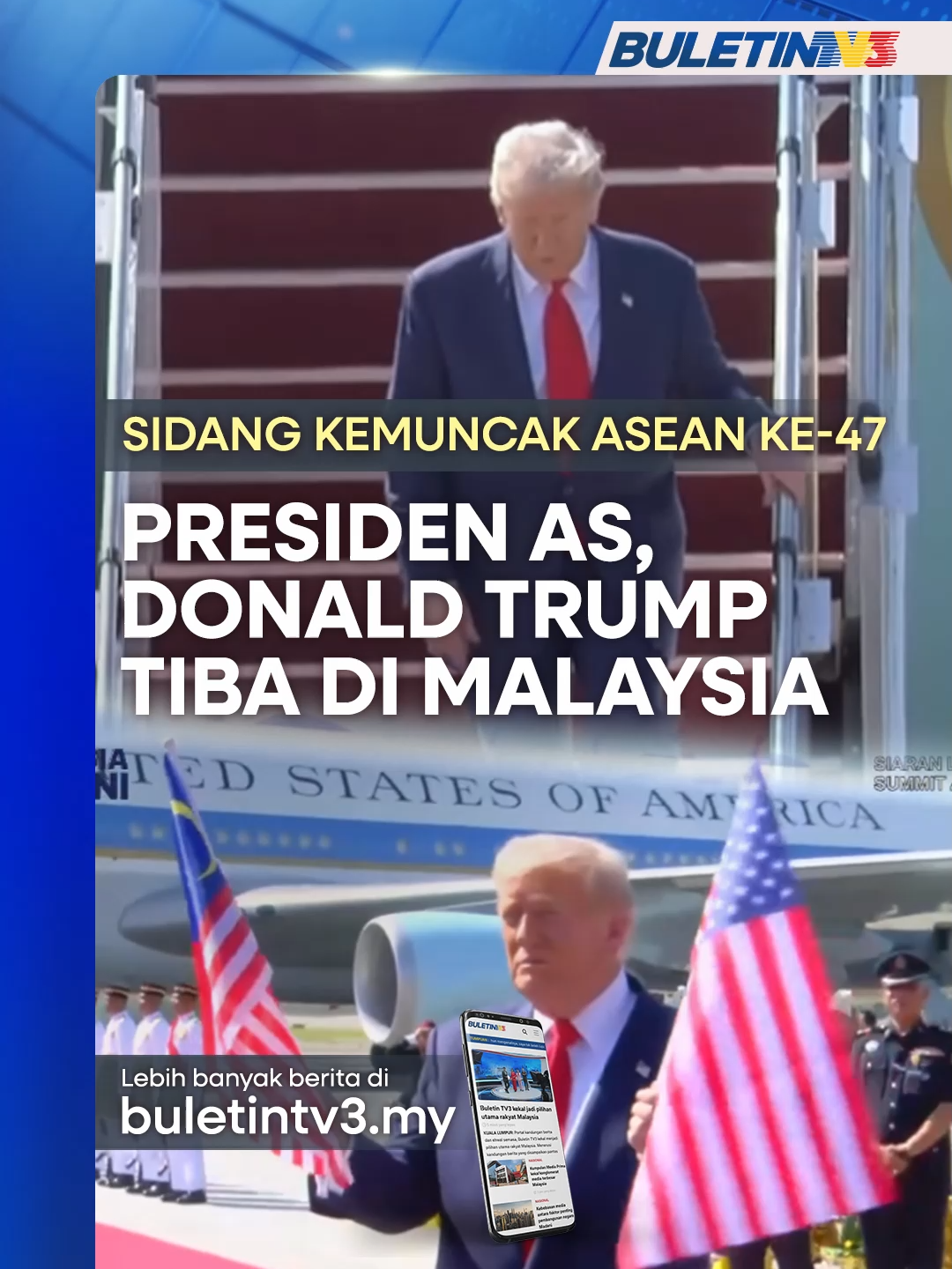 Presiden Amerika Syarikat, Donald Trump tiba di Malaysia bagi menghadiri Sidang Kemuncak ASEAN ke-47.  #BuletinTV3 #ASEAN #ASEANSummit #SidangKemuncakASEAN #KualaLumpur #KepengerusianASEAN #PMX #DonaldTrump