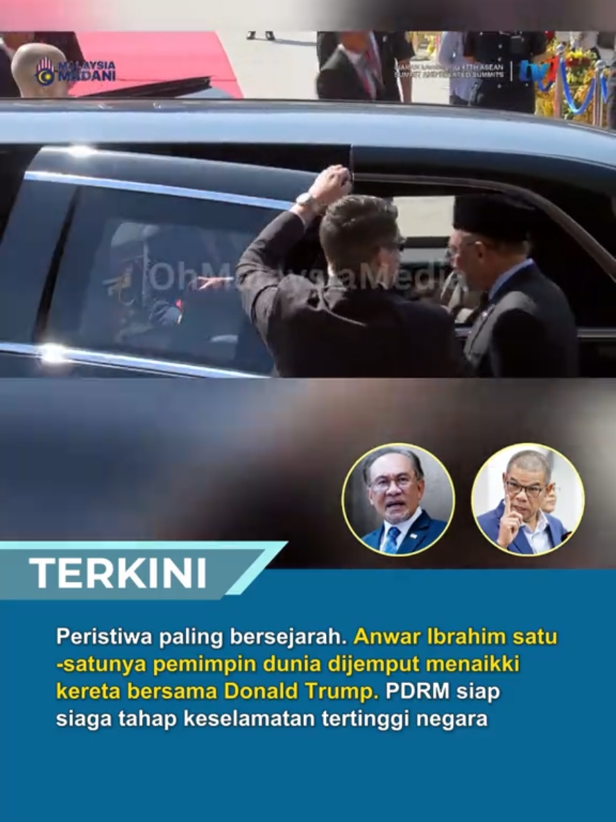 Peristiwa paling bersejarah. Anwar Ibrahim satu-satunya pemimpin dunia dijemput menaikki kereta bersama Donald Trump. PDRM siap siaga tahap keselamatan tertinggi negara #trendingnewsmalaysia #beritaditiktok #fyp #donaldtrump #kualalumpur 
