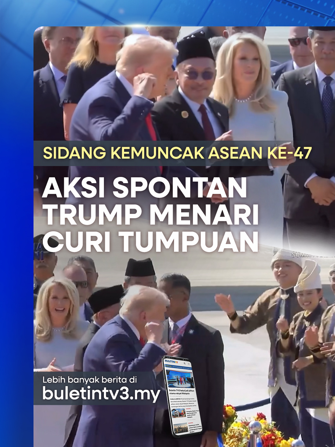 Presiden Amerika Syarikat (AS), Donald Trump mencuri perhatian sebaik tiba di Malaysia apabila secara spontan menari bersama kumpulan penari tradisional tempatan. #BuletinTV3 #ASEAN #ASEANSummit #SidangKemuncakASEAN #KualaLumpur #KepengerusianASEAN #PMX #DonaldTrump