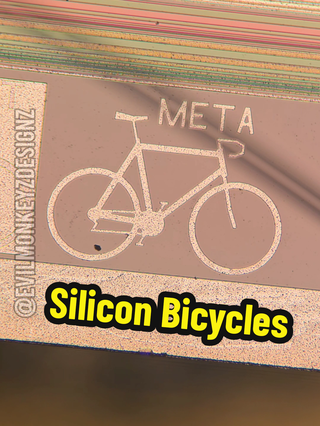 Microscopic Bicycles on a silicon chip - This set of wafers that I picked up from Ebay have some tiny bicycles etched on them, one for each layer of the design. The chips contain a multitude of different test patterns, many of which are groups of the same element with small modifications. If I had to guess, these wafers were either from a University class on integrated circuit/wafer fab, or a research lab. - #technology #siliconwafer #STEM 
