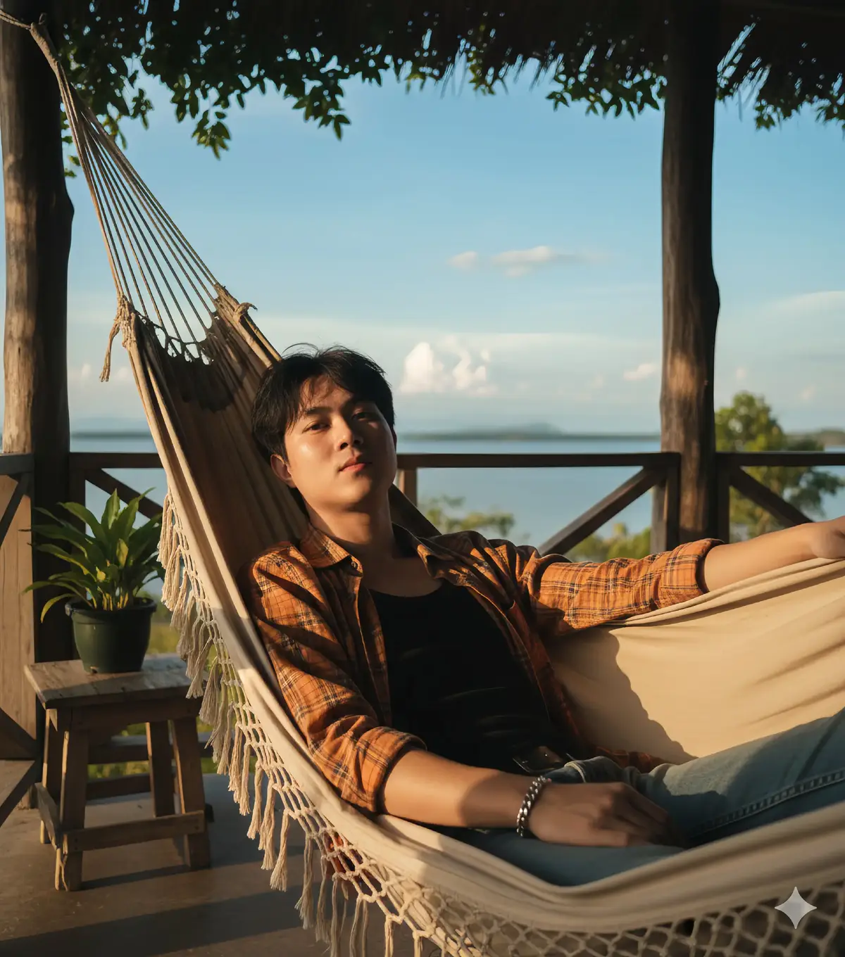 PROMPT: Create a cinematic portrait of young man (identical to the uploaded photo), lounging in a sun-dappled hammock. He has short, dark brown hair that is slightly tousled, and he wears a black tank top, along with a loose, orange, plaid shirt that is partially unbuttoned. His jeans are slightly faded, and he has a silver bracelet on his right wrist. The hammock is made of beige fabric with fringed edges, and it is suspended between two tall, wooden posts. The sunlight filters through the trees, casting warm, golden light on the man and creating deep shadows. In the background, there is a clear blue sky with a few white, fluffy clouds, and a wooden railing that suggests the hammock is on a porch or deck overlooking a body of water. To the left, there is a small, potted plant on a wooden table. The overall mood of the image is relaxed and serene, with a warm, late-afternoon light enhancing the natural, rustic setting. The photograph uses a shallow depth of field, focusing on the man while the background is slightly blurred, adding to the dreamy, tranquil atmosphere. #Gemini #googleai #banana #photolab #chatgpt 
