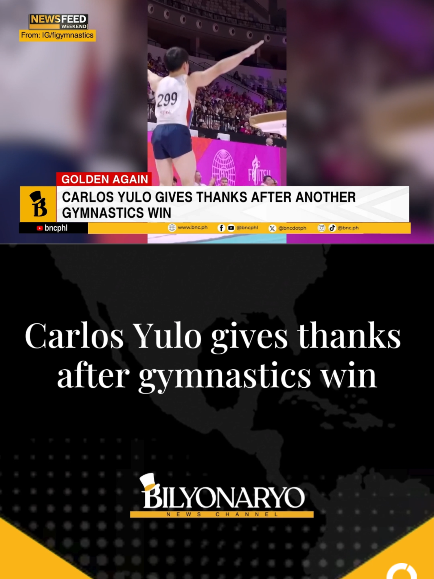 #NewsfeedWeekend | Filipino gymnast Carlos Yulo is filled with gratitude after his latest gold medal win at the 2025 World Artistic Gymnastics Championships in Jakarta, Indonesia. In a post, Yulo thanked God for guiding him through challenges and for blessing him with the talent to share with the world. He also expressed gratitude to the people who continue to support and love him. #CarlosYulo #JakartaIndonesia #sports #fypage #fyp #foryoupage #tiktokph #tiktokphilippines #news #phnews #bnc #bilyonaryonewschannel #bilyonaryo