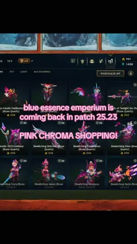 who else saved their BE??🎀🩷 bro i can’t wait to go shopping and get all the cute chromas!! riot officially announced it to come back in patch 25.23 which is going Live November 19!!😍 we will spend my almost 150k BE together on Stream🩷 #leagueoflegends #blueessenceemporium #chromas #leagueoflegendsnews #november2025 