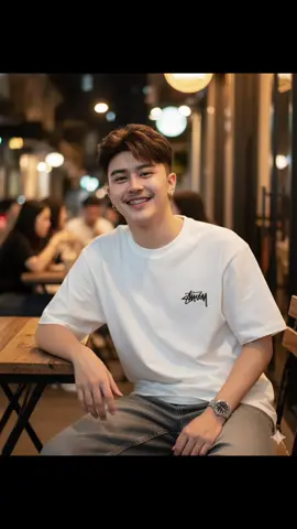 รอยยิ้ม 🥰 promp : แจกภาพGemini Prompt:ใช้ใบหน้าต้นฉบับเหมือนจริง100% ทรงผมแสกกลาง ผมยาวปลานกลาง ชายหนุ่มรูปงามนั่งสบายๆ อยู่ที่โต๊ะไม้บนถนนอันเงียบสงบยามค่ำคืน แสงไฟถนนอบอุ่นและแสงไฟร้านเหล้าเป็นฉากหลัง เอฟเฟกต์โบเก้แบบ ภาพยนตร์ บรรยากาศยามค่ำคืนในเมือง ผิวขาว รอยยิ้มธรรมชาติเผยให้เห็นเหล็กดัดฟัน เขาสวมเสื้อยืดภาพ สมจริงสวมเสื้อยืดโอเวอร์ไซส์สีขาวแบรนด์ Stussy ปักข้างซ้าย ผ้าเรียบ พื้นผิวสมจริง รายละเอียดสูงกางเกงยีนส์สีเทาซีดหลวมๆ นาฬิกาข้อมือโลหะสีเงินที่ข้อมือซ้าย เขานั่งอยู่บนโต้ะ แขนข้างซ้ายผิงโต๊ะ อีกข้างว่างไว้ที่ตักรอยยิ้มที่เป็น ธรรมชาติ แสดงความเป็นมิตรและดูอบอุ่นมุมปากยกขึ้นทั้งสองข้างอย่าง พอดี ไม่กว้างจนเกินไป ให้ความรู้สึกสุภาพและจริงใจ ขณะยิ้มสามารถเห็น ฟันและเหล็กจัดฟัน อย่างชัดเจน ทำให้รอยยิ้มดู สดใสและมีชีวิตชีวาดวงตาดูผ่อนคลาย เข้ากับรอยยิ้มที่แสดงออกมา ให้ความรู้สึกว่าเจ้าตัวกำลังรู้สึกสบายใจและเป็นกันเองโดยรวมแล้ว เป็น รอยยิ้มที่ให้ความรู้สึก 
