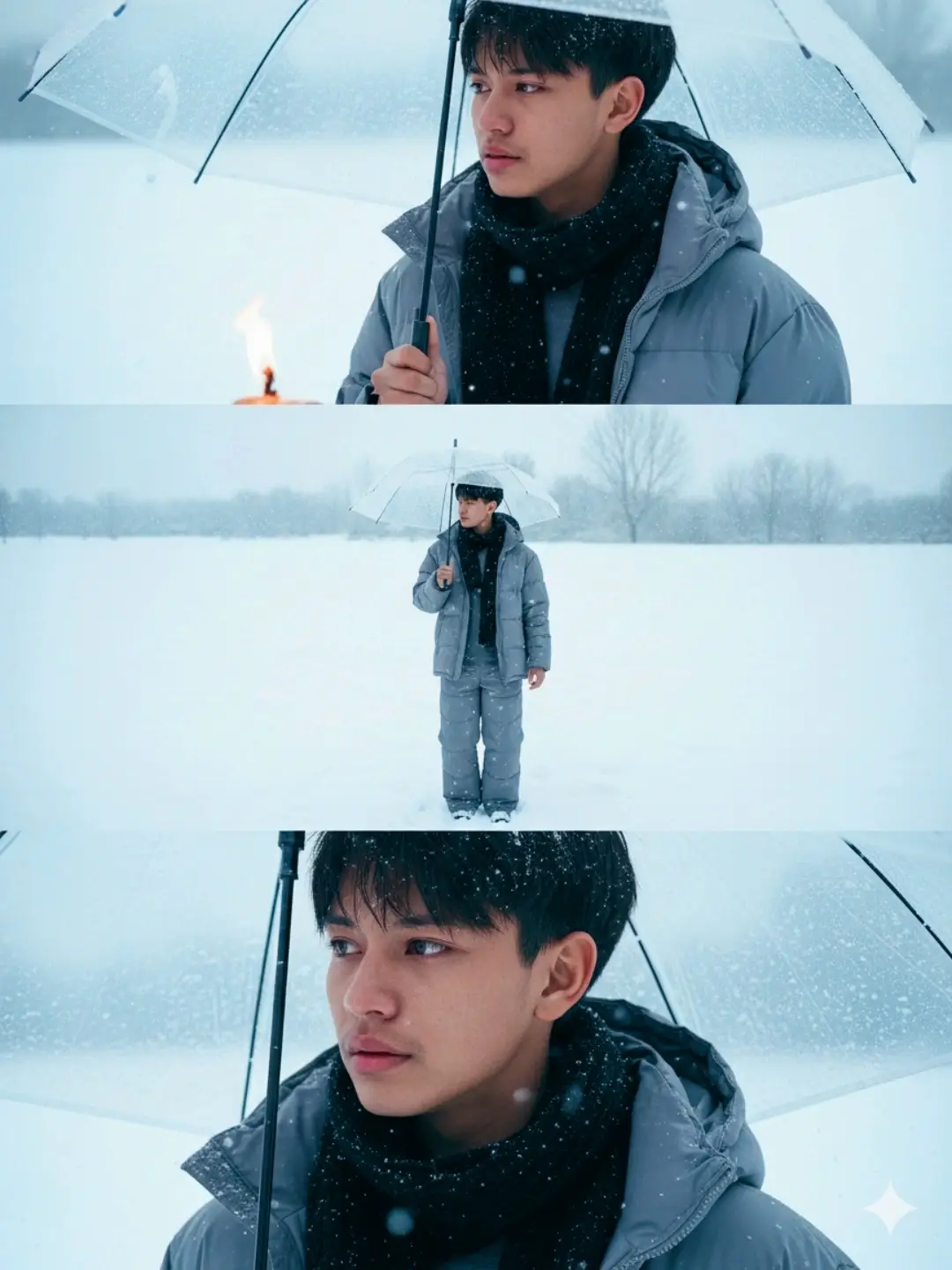 Create a vertical frame size 2160x3840 pixels 4K quality divided into three equal sized horizontal images placed together. The main character is based on the referent face, hairstyle and body: An figure with an expression of sadness and nostalgia, deep eyes, radiating loneliness. The outfit is loose winter puffer set with wide- leg pants and a black scarf. The overall atmosphere is covered in white snow with a grey color jacket that evokes melancholy and solitude. Image 1 portrait the character holds a transparent umbrella, turning their haed silently back while looking directly to the flame expression is sorrowful with soulful eyes. The background is blurred with snow whiteness. Image 2 full body the character with the umbrella, stands alone in the vast snow field, walk while gazing at the sky, the camera angle looks the downward from above, as if the character is raising a hand to catch falling snowflakes in the distance, a few bare, leafless tree stand.The scene conveys smallness and isolation against the vastness of nature. Image 3 close up A zoomed in shot of the characters eyes, with a distance, sorrowful gaze, that evokes feeling of the loneliness and yearning.