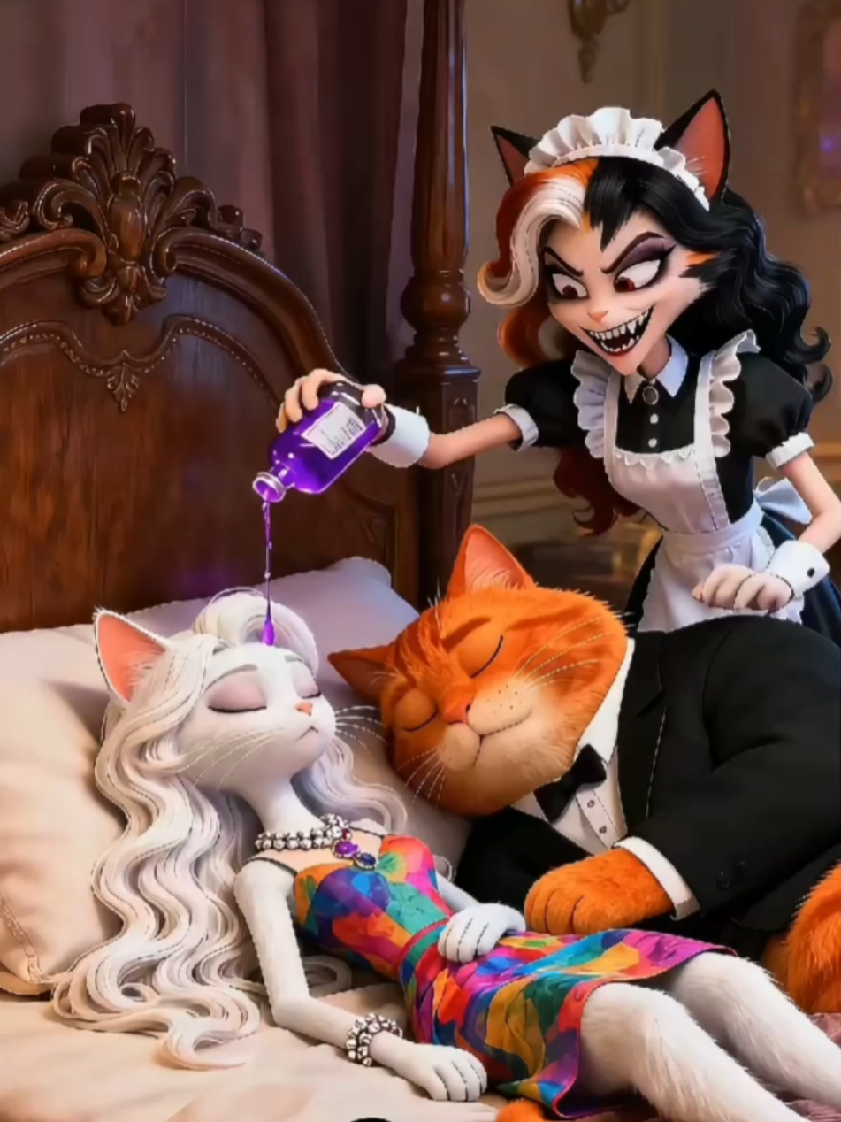 She used magic water to steal the cat’s life 💔  #aicatstory #قصة_القطة #سحر_الخادمة #ai_story #fyp  @picsoo yoopi 