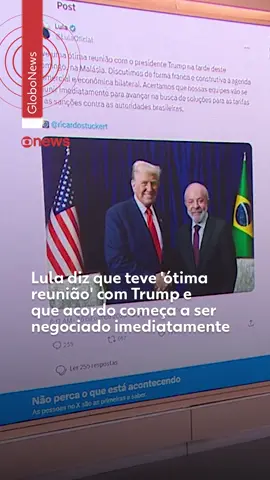 Os presidentes #Lula (PT) e #DonaldTrump se encontraram na tarde deste domingo (26), na #Malásia — madrugada no horário de Brasília. O encontro, que durou cerca de 50 minutos, foi o primeiro desde uma breve conversa durante a Assembleia Geral da #ONU, em setembro, e aconteceu após a imposição de tarifas de 50% sobre produtos #brasileiros e de sanções a autoridades do país por causa do julgamento de #JairBolsonaro (PL).  A expectativa do governo brasileiro era de um encontro entre as equipes ainda na noite deste domingo, no horário da Malásia, segundo o chanceler Mauro Vieira. Houve, entretanto, uma conversa por telefone entre ele e Jamieson Greer, e o encontro ficou para a manhã de segunda (27). #g1 #tiktoknotícias