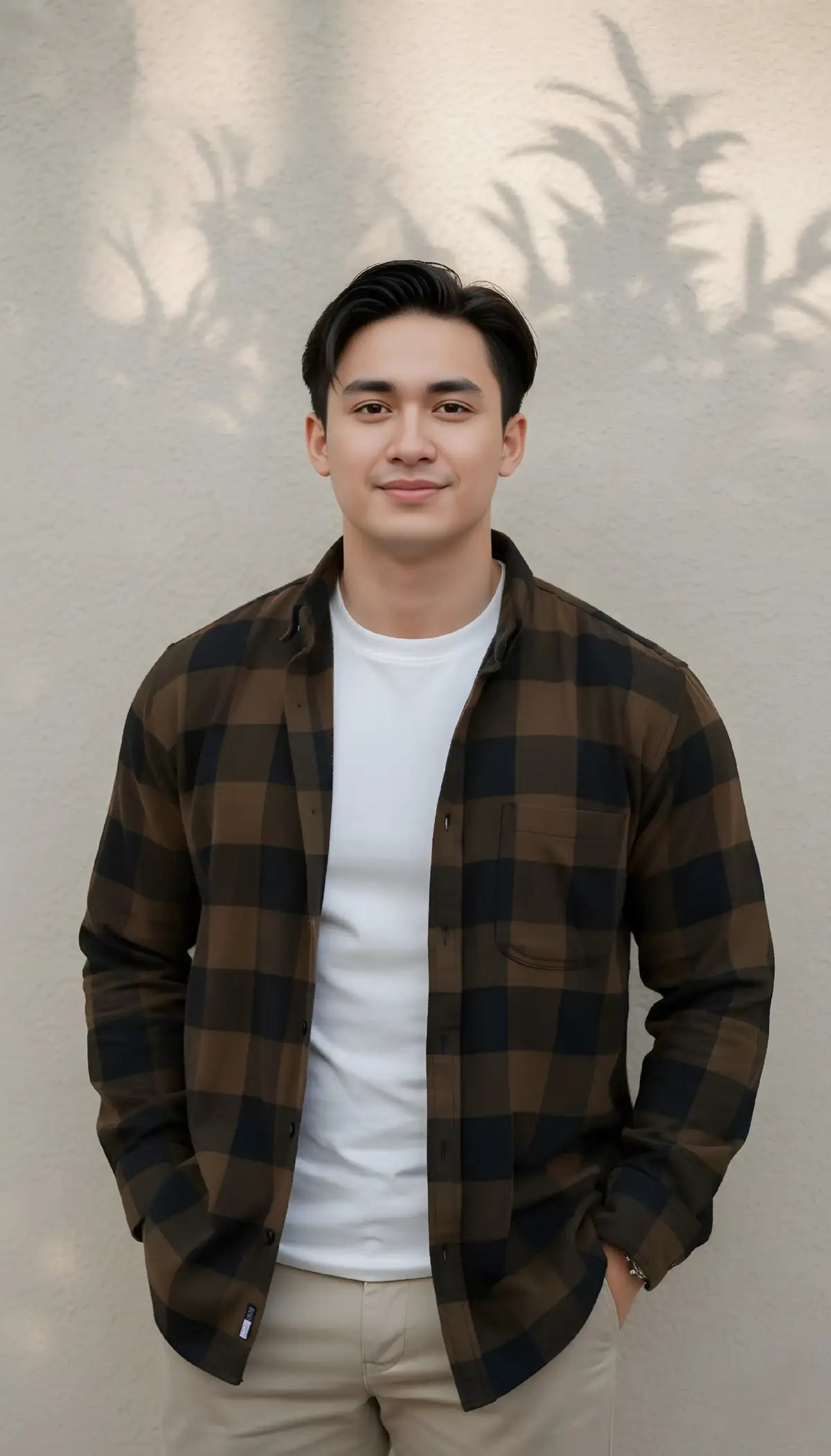 Transform my photo into a realistic photo of a young man standing against a light beige wall with natural sunlight casting detailed tree branch and leaf shadows across the wall, wearing a flanel shirt and a white t-shirt, hands in pockets, subtle smile, soft daylight, realistic lighting and shadows, high-quality photography, shallow depth of field, warm natural tone, cinematic but realistic style. Shot with camera Canon eos R5  #googlegemini #geminiai #promptai #cowokganteng #fyp 