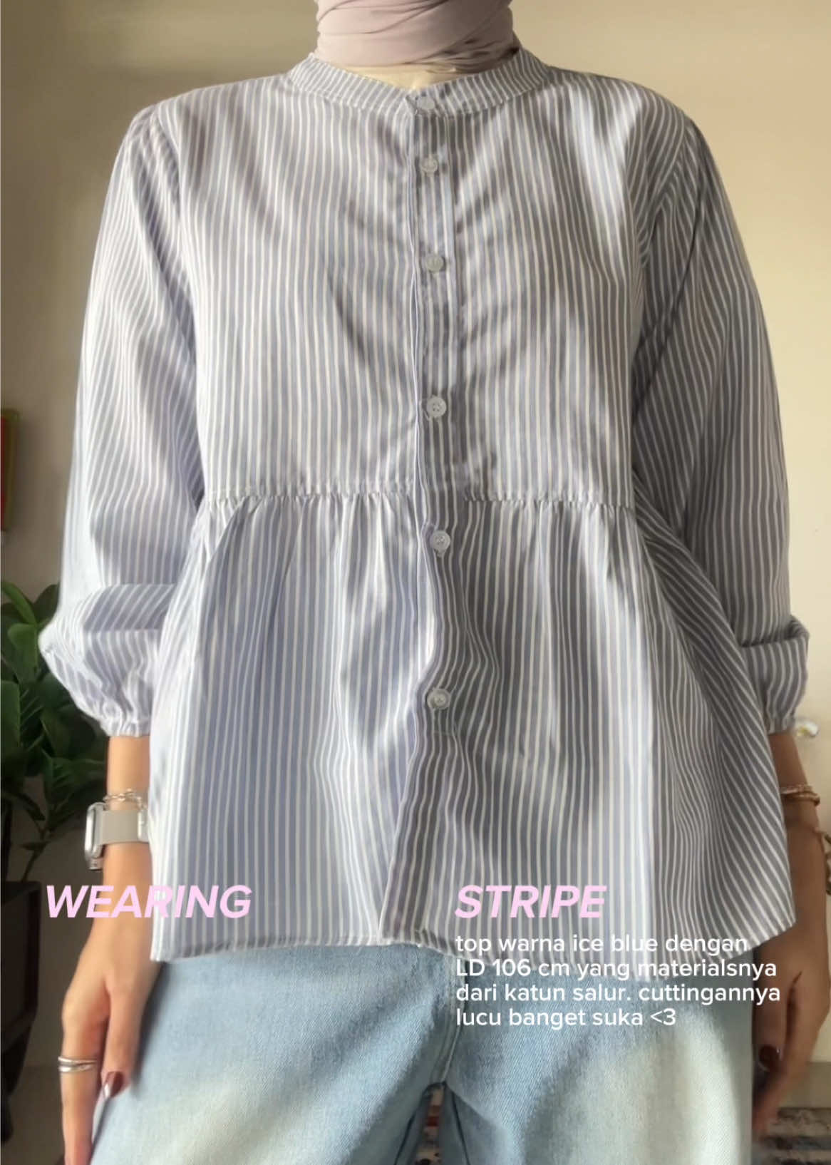 setelah punya warna oat @Tasya ✿ | ig @tasyafar dan warna soft pink  @Tasya ✿ | ig @tasyafar sekarang punya versi warna stripenya hihi 🩵👀 #kemejastripe #kemeja #kemejawanita #babydoll 