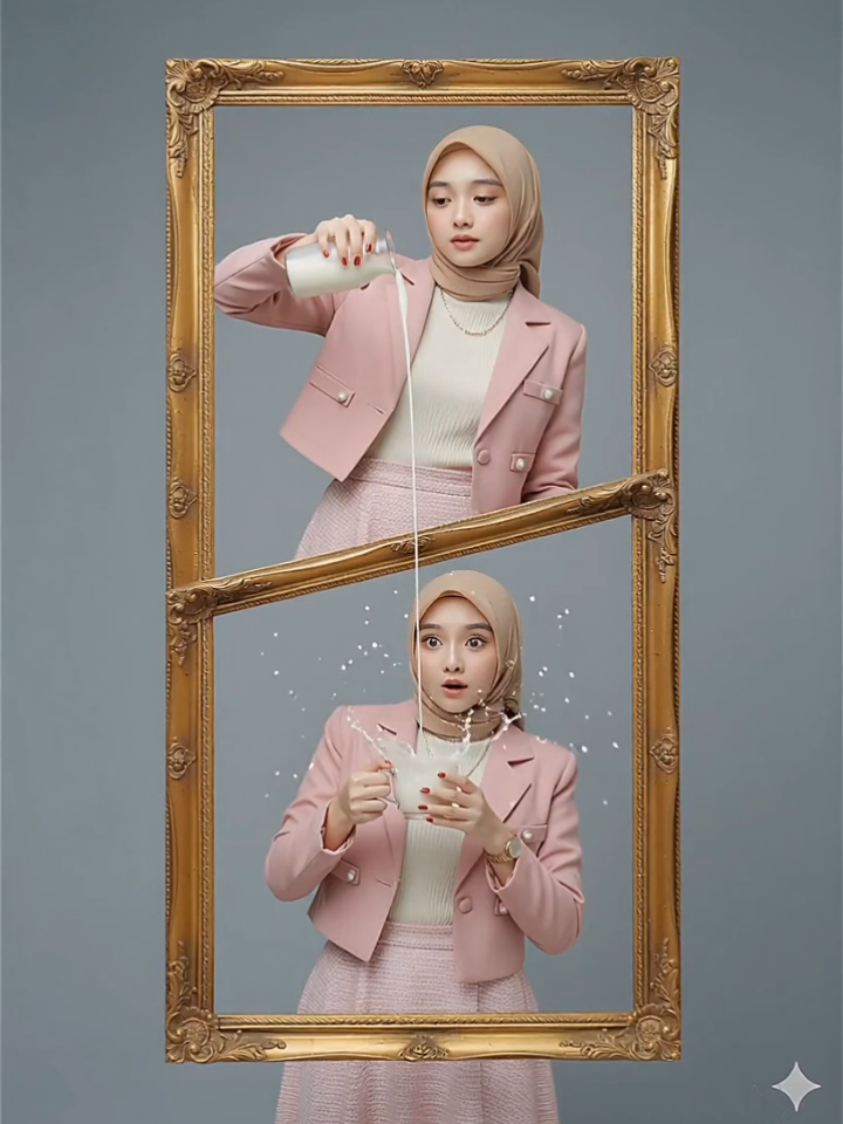 Makin tercandu-canduu 😍 . . Prompt 👇: Edit foto yg diupload hiper-realistik 100% menggunakan wajah yang diunggah tanpa mengubah detail apapun. Buat gambar saya. 100% asli, tidak berubah. Gambar tersebut menampilkan komposisi artistik dan surealis, sangat sinematografi, kecuali potret aluminium. Di tengah adalah seorang wanita muda. ia terlihat cantik mengenakan setelan elegan terdiri dari blazer oversize warna pink soft , dalaman baju knit warna cream serta rok panjang mengembang sebetis dengan tekstur kain tweed halus senada. Hijabnya berwarna pink soft senada dengan blazer, jam tangan merek ternama warna gold, cincin berlian kecil, kalung berlian yang cantik, nail art maroon glossy. Makeup korean look dengan kulit putih glowing tanpa cela.   Ekspresi wajahnya tenang dan, menyampaikan keterkejutan dan playful. Adegan dibagi menjadi dua bidang vertikal - atas dan bawah - dibuat oleh dua bingkai kayu berlapis emas berornamen yang tampak melayang di udara dengan latar belakang abu-abu kebiruan yang halus. Di bingkai atas, wanita itu muncul sambil memegang toples kaca miring, menuangkan susu putih ke bawah, dengan ekspresi sedikit heran dan konsentrasi. Cairan itu membentuk aliran terus menerus yang melintasi ruang di antara bingkai. Di bingkai bawah, wanita yang sama terlihat lagi, dengan gelas di tangannya, menerima susu yang jatuh dari atas. Minuman keras secara dramatis, menciptakan efek beku di udara, dengan tetes yang terlihat di sekitar cangkir dan di wajah wanita itu. Ekspresinya adalah salah satu kejutan, dengan mata terbuka lebar dan mulutnya terbuka, menangkap momen yang tepat dari dampak cairan. Pencahayaannya halus dan tepat sasaran, menonjolkan warna kulit, kilau hijab, dan pantulan susu, menciptakan kontras yang mencolok antara latar belakang gelap dan elemen emas bingkai. Hasilnya adalah foto yang sangat estetis, surealis, dan memukau secara visual yang menggabungkan realisme teknis dengan kreatif dan narasi. #jointrend #geminiai #prompt #videoai #trendai 