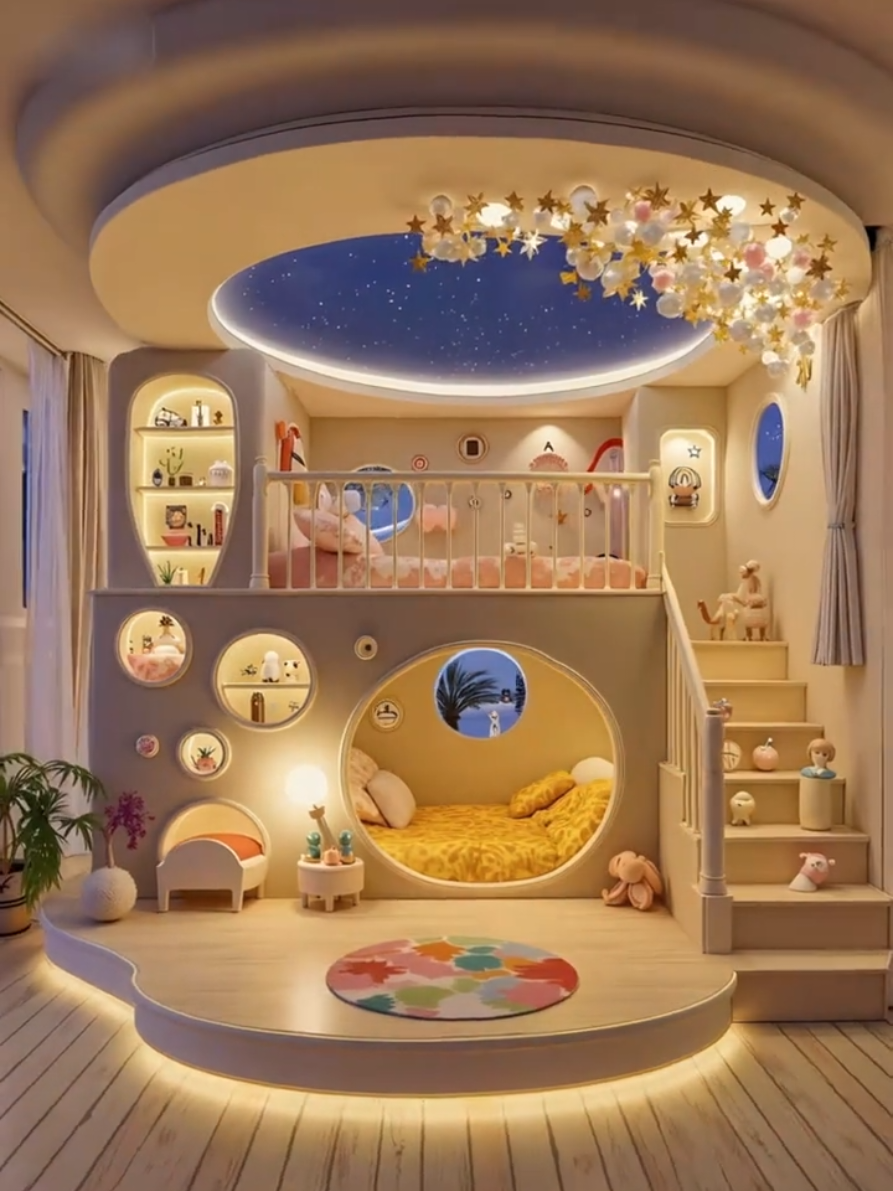Phần 26: Biến hình Phòng Ngủ thành Phi Thuyền Giấc Mơ 🚀🌙 - Trần Sao Lấp Lánh Cực Chill! 🪄 Màn biến hình ngoạn mục cho phòng bé! ✨ Từ khung thô đơn giản (0:00) thành không gian 2 tầng huyền ảo. Giường dưới ẩn mình trong 