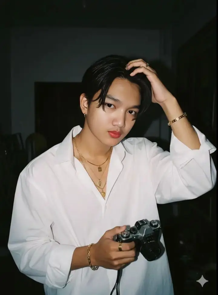 prompt : Potret seorang remaja bergaya modern dengan nuansa aesthetic di dalam ruangan yang agak gelap. Ia mengenakan kemeja putih longgar dengan lengan digulung sedikit, dipadukan dengan beberapa aksesori emas seperti kalung berlapis, gelang rantai, cincin, dan anting kecil di telinga kiri. Rambutnya hitam, berpotongan belah tengah dan agak panjang menutupi sebagian dahi. Wajahnya halus dengan ekspresi tenang dan sedikit pose elegan — satu tangan memegang kamera vintage berwarna hitam dan perak, sementara tangan lainnya menyisir rambut ke belakang. Pencahayaan fokus pada wajah dan dada bagian atas, menciptakan efek kontras lembut antara kulit hangat dan latar belakang gelap. Suasana foto bernuansa moody, retro-aesthetic, dan stylish, menyerupai pemotretan fashion casual dengan sentuhan glamor minimalis. #fouryou #gemini #ai #photoshoot #chatgpt 