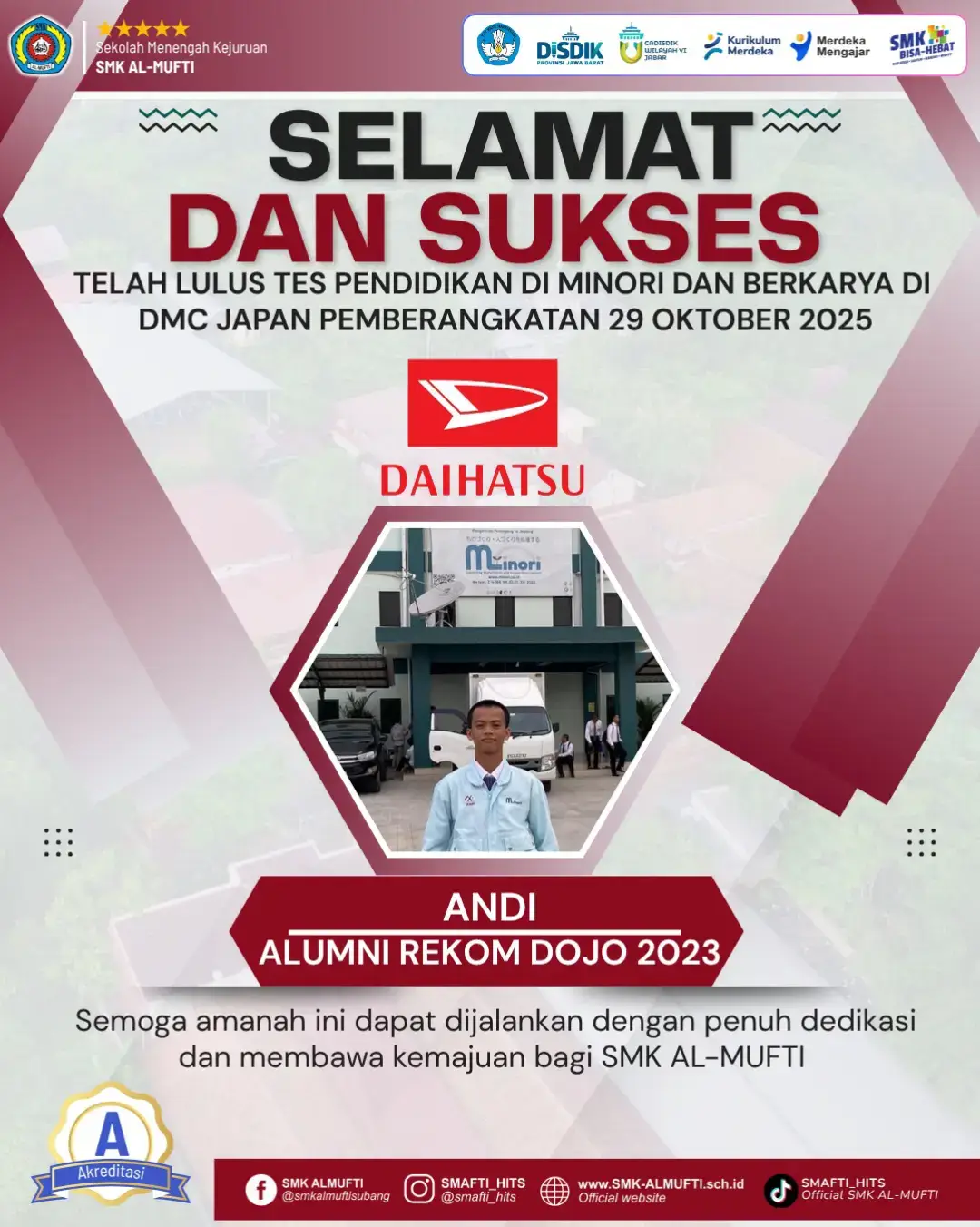 alhamdulillah, Andi (alumni 2023) rencana penempatan di Plant Shiga ( Assy ) Daihatsu Manufacture Co - Japan, pemberangkatan 29 okt 2025. #smk #smkalmufti #kerjakejepang #daihatsu #fyp 