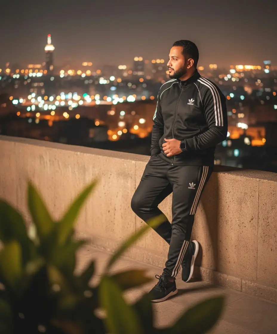A hyper-realistic 8K portrait of me. I'm wearing black Adidas tracksuits, black shoes, and a black digital watch. I'm looking out of the camera, leaning against a wall. Blurry green leaves are in the foreground. My skin is glowing and flawless, and the background is the Cairo city lights with a vibrant bokeh effect and a warm, cinematic atmosphere. I'm keeping my face exactly the same as the reference image.#ahmed_abd_elhamid89 #ai #googlegemini #Egypt #Gemini 
