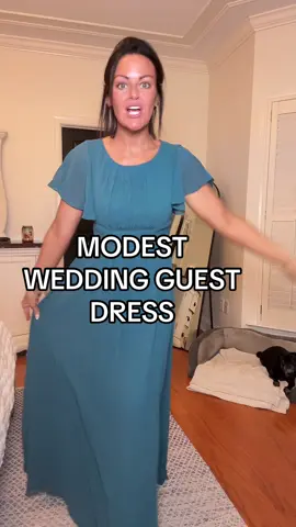 Modest, full coverage wedding guest / formal dress. Chiffon layered. Doesn't cling, isn't tight, full chest and upper arm coverage. Still dainty, pretty, and feminine. Wearing Teal size 4 (5'3 + 4