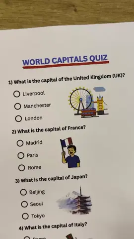 World Capitals Quiz - Can you get 7/7? #geography #countriesoftheworld #quiz #quiztime #trivia 