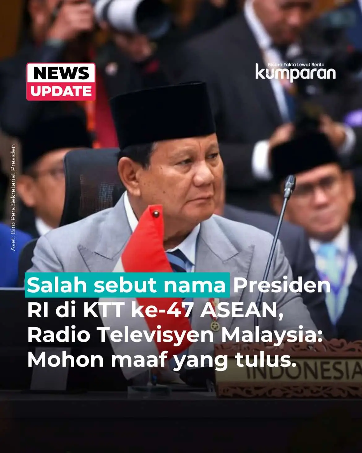 Stasiun penyiaran publik milik pemerintah Malaysia, Radio Televisyen Malaysia (RTM), menyampaikan permohonan maaf resmi atas kekeliruan komentatornya yang salah menyebut nama Presiden Indonesia saat siaran langsung pembukaan KTT Ke-47 ASEAN di Kuala Lumpur, Minggu (26/10). Dalam siaran itu, komentator RTM menyebut Presiden RI Prabowo Subianto sebagai Presiden Joko Widodo. Kesalahan tersebut terdengar oleh sejumlah wartawan dari berbagai negara yang tengah meliput di media center KTT ASEAN. Menanggapi hal itu, Departemen Penyiaran Malaysia menyatakan penyesalan mendalam dan menegaskan bahwa hasil penyelidikan internal menunjukkan adanya kekeliruan penyebutan oleh komentator. “RTM memandang hal ini dengan serius dan telah mengambil tindakan yang sesuai. RTM dengan ini menyampaikan permohonan maaf kepada Presiden dan Pemerintah Republik Indonesia, serta kepada semua pihak yang terdampak oleh kesalahan ini,” tulis keterangan yang diterima di Kuala Lumpur, Minggu (26/10) dikutip Antara.  RTM berkomitmen memperkuat pengawasan editorial dan pemeriksaan fakta untuk mencegah kesalahan serupa di masa mendatang. Mereka juga menegaskan pentingnya menjaga akurasi dan integritas dalam setiap siaran, terutama pada acara berskala internasional seperti KTT ASEAN. 📸: Dok. Biro Pers Sekretariat Presiden. Follow WhatsApp Channel kumparan untuk dapat Informasi terpercaya dikirim langsung ke WhatsApp kamu. Ketik kum.pr/WAchannel di browser kamu sekarang, agar bisa share informasi tanpa ragu. #newsupdate #update #news #oneliner #prabowo #malaysia #radiotelevisyenmalaysia #jokowi #KTTASEAN #info #beritaterkini #berita #infoterkini #bicarafaktalewatberita #kumparan 