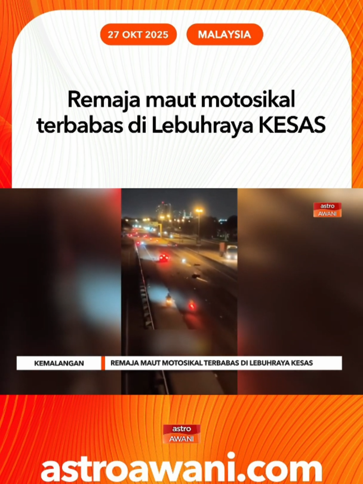 Seorang remaja lelaki berusia 15 tahun maut selepas motosikal yang ditunggangnya terbabit dalam nahas di Kilometer 21 Lebuhraya Shah Alam (KESAS) awal pagi Ahad. #AWANInews