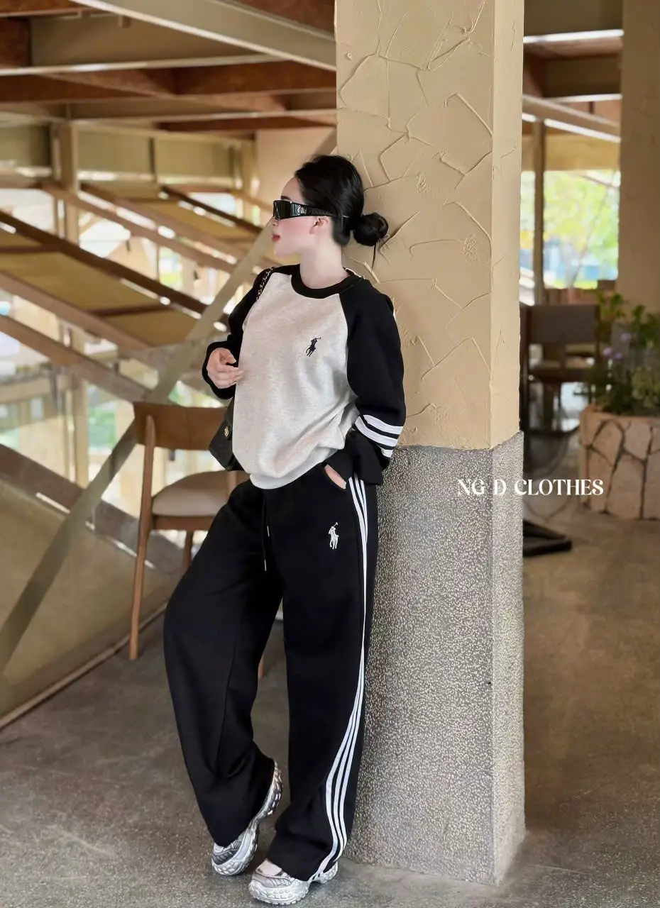 Sét bộ nỉ 2 da phối raplang dài tay thêu ngựa chạy sọc viền quần dáng xuông #390