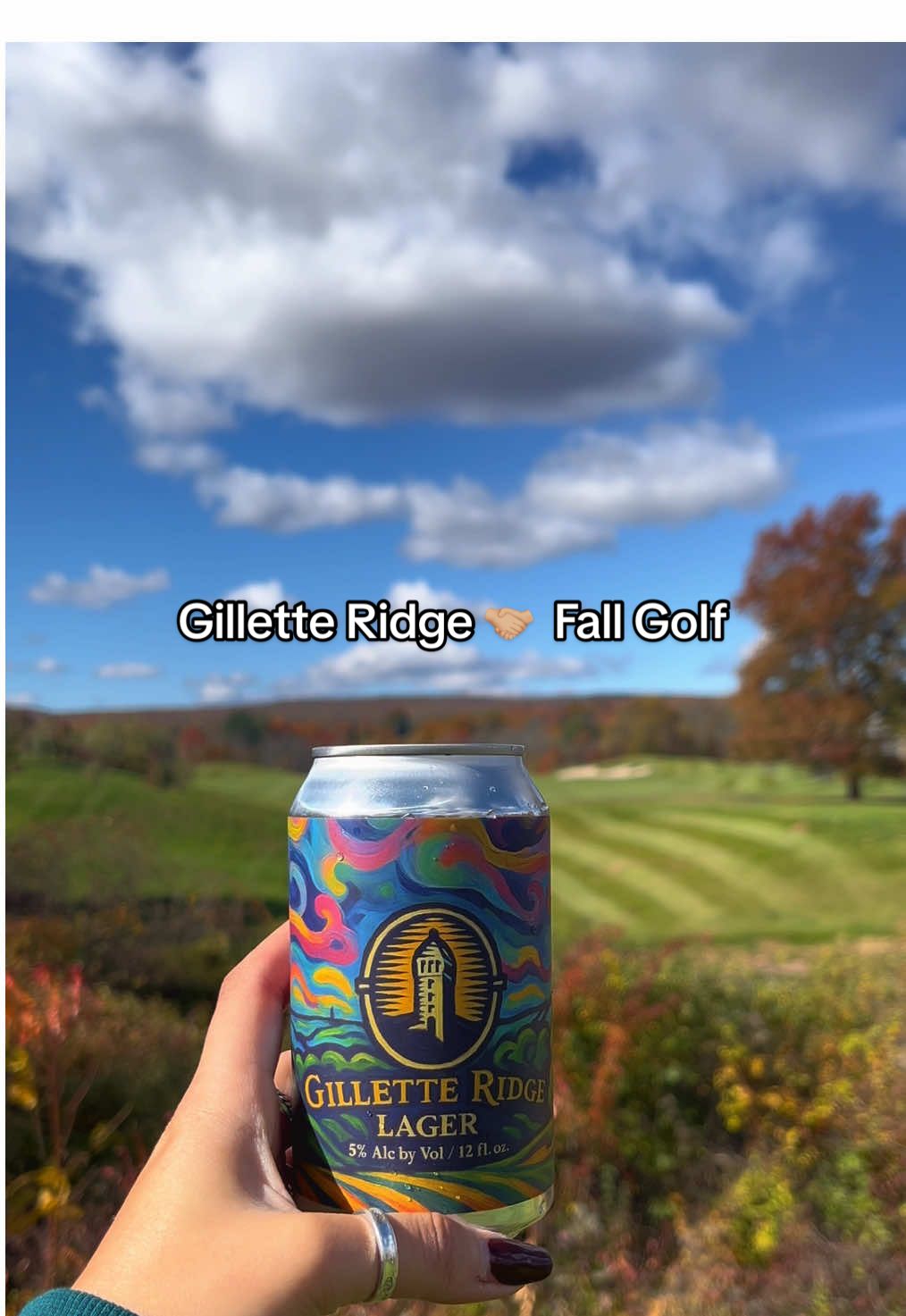 fall golf at Gillette Ridge ⛱️ just keeps getting better - try our new lager brewed by Twelve Percent 🍻🍂 #cartgirl #golftiktok #golf #newengland 