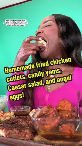 Homemade chicken cutlets, angel, eggs, Caesar salad, and candy yams! 
