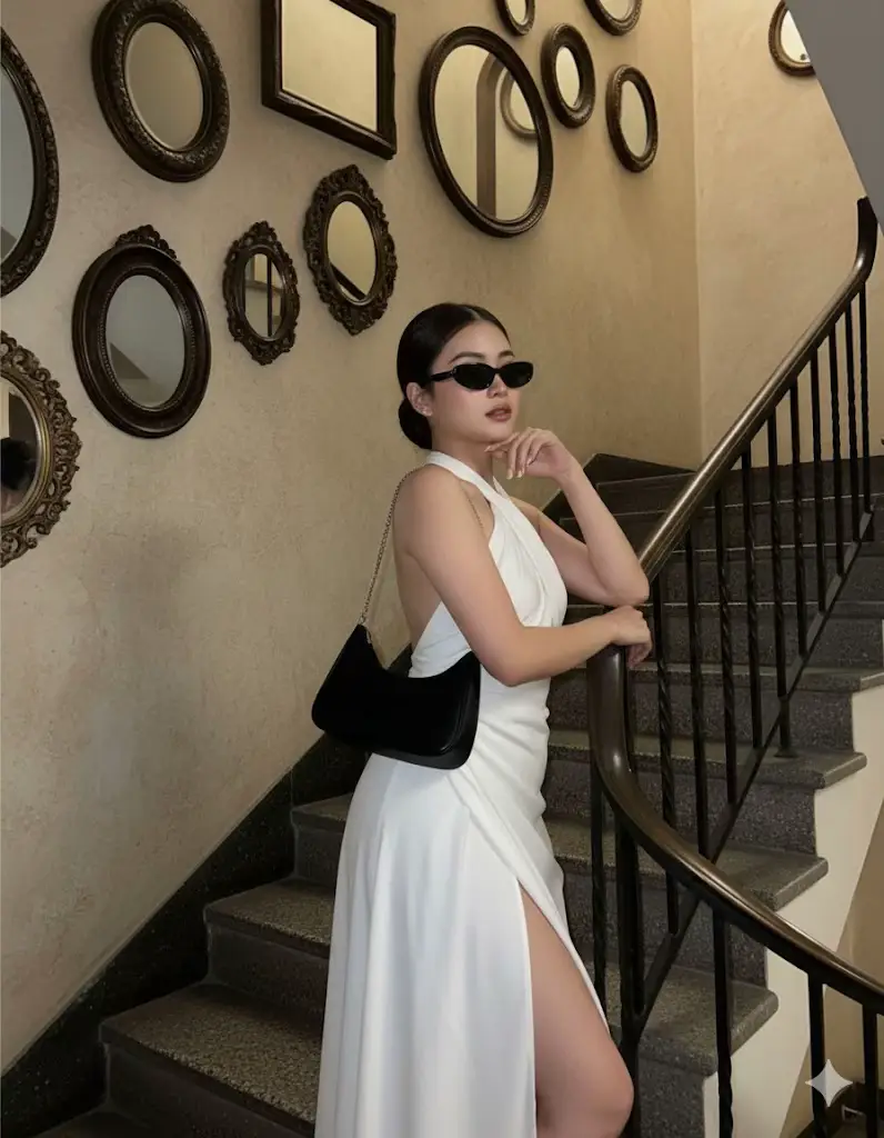 A hyperrealistic, ultra-detailed full-shot photograph taken with an iPhone 17 Pro Max back camera, capturing a stylish young woman posing on a staircase in a dimly lit, uniquely decorated interior. The woman, with her dark hair pulled back in a neat bun, is looking directly at the camera with a confident expression, her head tilted slightly. She is wearing fashionable dark sunglasses, obscuring her eyes. She is dressed in an elegant, flowing white halter-neck dress that drapes gracefully, featuring some ruching details and a high slit on the side, revealing a glimpse of her leg. She carries a small black shoulder bag with a long strap, which contrasts with her white dress. Her right arm is bent, and her hand rests gently on her chin or jawline, showcasing a ring on her finger. Her left arm is resting on the dark metal handrail of the staircase. The staircase itself has dark, possibly stone or concrete steps, and a dark, ornate metal balustrade. The wall behind her is a textured, light beige or cream color, with a slightly distressed or aged appearance. It is adorned with an eclectic collection of mirrors of various shapes and sizes—oval, round, and intricately framed—creating an interesting visual mosaic. The lighting is low and atmospheric, casting soft shadows and highlighting the textures of the wall and her dress, contributing to the intimate and luxurious feel of the scene. The overall quality is sharp and highly detailed, emphasizing the fashion and the unique setting. Use photo reference for facial features.  #fyp #gemini #ai #prompt #trending 