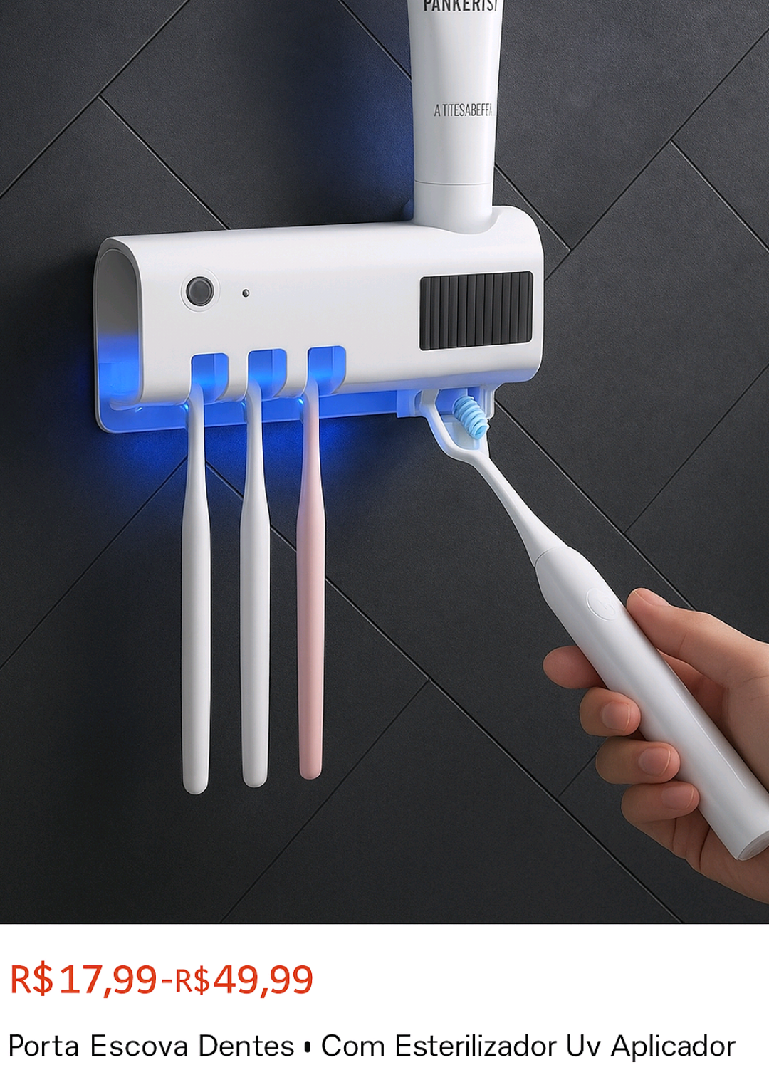 Porta escova de dentes com esterilizador UV e dispenser automático! 😍 🔗 Link nos comentários 😁 #banheiroorganizado #portaescova #suporteescovadedentes #banheiroorganizado #dicasdecasa 
