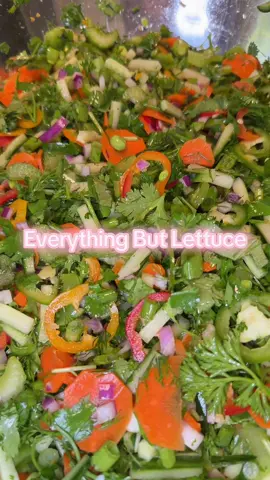 Everything But Lettuce Salad pt 6 ✨❤️🥗Chopped cucumbers, red onion, sweet peppers, jalapeños (if you like spicy), carrots, celery, sugar snap peas, green onions, dill, parsley, cilantro, sage, limes, grated frozen ginger and turmeric, grated garlic. Serve with salt and 1 tbsp cottage cheese. I pair with lean protein for lunch such as salmon, turkey burgers or turmeric chicken. #healthylifestyle #salad #Recipe #guthealth #healthy 