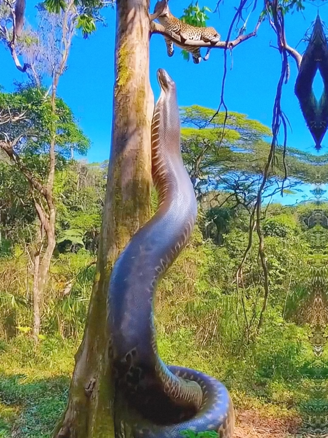 An anaconda climbs a tree to eat a jaguar #anaconda #snakevideo #shorts #viral #jungle