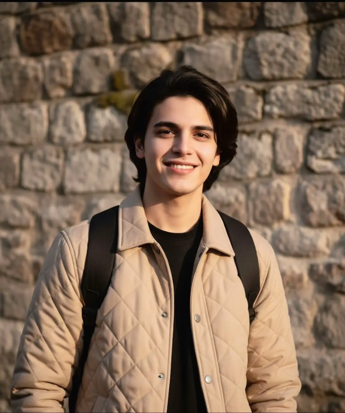 كليشه… . Create a realistic image using the face of the uploaded image accurately, keeping the facial features and details intact, as accurately as the attached image. A young man wearing a beige quilted jacket over a black shirt, carrying a black backpack. He stands in front of a stone wall in daylight. High-quality image, warm colors.