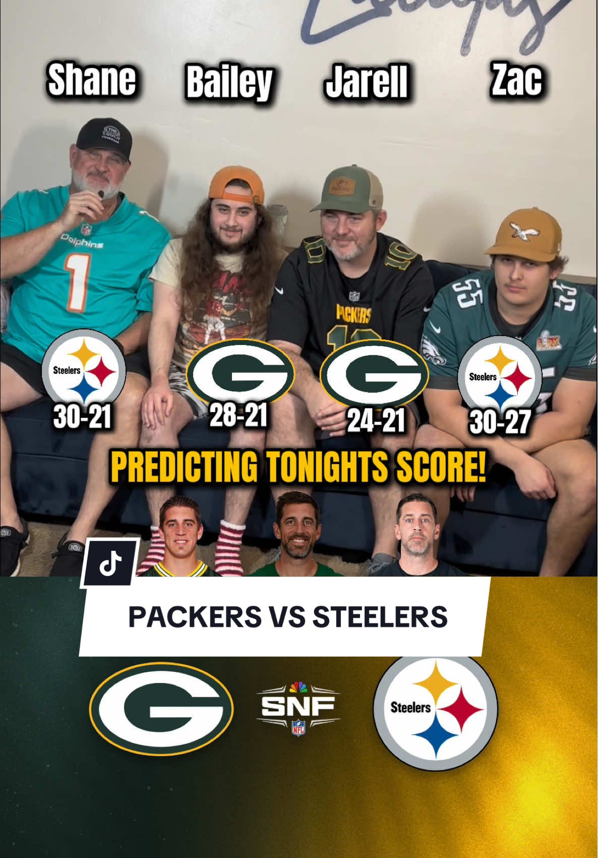 PREDICTING THE SCORE OF THE PACKERS AND STEELERS GAME🔥 The Green Bay Packers take on the Pittsburgh Steelers on Sunday night football😳 If Aaron Rodgers and the Steelers win tonight, he will be the fifth quarterback in NFL HISTORY to beat all 32 teams🔥‼️ #aaronrodgers #greenbaypackers #pittsburghsteelers #sundaynightfootball #snf 
