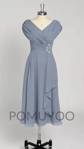 Blue charming beading ruched midi chiffon dress #bluewedding💙 #partydress #momdress #mobdresses #wedding 