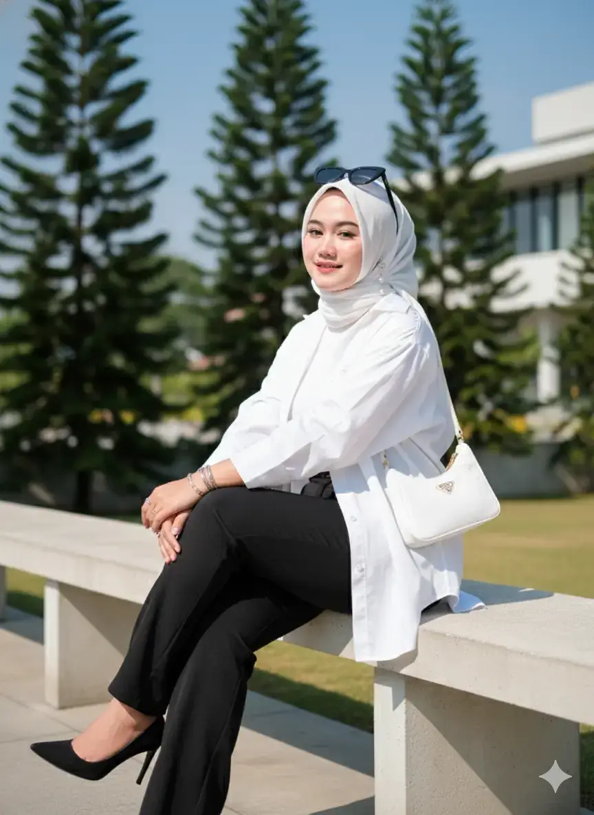 prompt: foto ini untuk Seorang wanita Asia dengan tubuh supermodel dengan hijab putih rapi mengenakan kacamata hitam cat-eye, atasan kemeja oversize putih panjang modis kancing nya terbuka menggunakan inner putih dan celana panjang hitam. Dia duduk di bangku beton berwarna terang di luar ruangan, dengan tas tangan logo Prada putih kecil tersampir di bahunya, dia berpose dengan kaki kiri terlipat di atas kaki kanannya, lalu tangannya menyilang di atas kakinya, tangan lainnya memegang bangku beton tempat dia duduk, posisi duduknya miring ke samping, lalu dagunya sedikit terangkat, Latar belakang menunjukkan pohon pinus atau cemara tinggi dengan daun hijau tua, serta bangunan modern yang samar-samar terlihat di kejauhan. Sinar matahari menerpa wajah dan pakaiannya, menciptakan kontras dan bayangan yang cerah. Fokusnya adalah pada ekspresi wajahnya yang santai namun bergaya, serta aksesoris seperti anting mutiara dan gelang dan cincin perak di tangannya, tidak mengubah bentuk wajah aslinya sama sekali, mata, hidung, bibir, semuanya harus sama. Jangan mengubah wajah aslinya. Wajah melihat ke kamera. Mengenakan sepatu hak hitam yang elegan. ekspresi tersenyum postur tubuh sedikit berisi kualitas HD dan BOKEH    #4u #aigemini #aigenerated #trendingtiktok #fypviralシ #fffffffffffyyyyyyyyyyypppppppppppp 