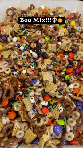 Boo Mix!!!👻🎃💀 It's almost halloween!!!👻. This Boo Mix is an easy and delicious Halloween treat.🎃 #halloween #HalloweenTreats #spookyseason #halloweensnacks #boohalloweenmix                 Ingredients/Recipe: -2 Cups Chex -2 Cups Cheerios -2 Cups Mini Pretzels -2 Cups Melting White Chocolate -2 Bags of your favorite Halloween candy, I used assorted M&Ms -1 Cup Assorted Halloween Sprinkles Instructions: 1. Place cereal and pretzels in a very large bowl and toss lightly to combine. 2. Melt white chocolate according to package directions. 3. Pour melted chocolate over dry cereal mixture. Stir gently to coat the ingredients. 4. Spread out on a very large platter. Add candy, sprinkles and mix gently. Let sit until completely dry, break into clumps and enjoy. Hope you enjoy this recipe!!!👩‍🍳😋🎃