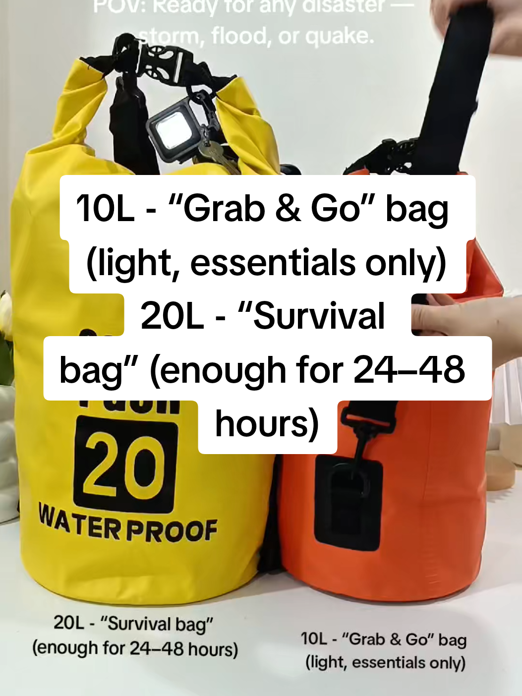 Ready for any disaster — storm, flood, or quake. Waterproof. Hassle-free. 💦 10L - “Grab & Go” bag (light, essentials only) 20L - “Survival bag” (enough for 24–48 hours) #drybag #gobag #emergency #earthquaker #waterproofbag
