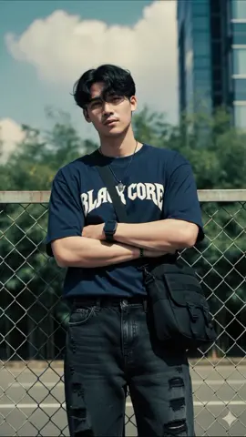 prompt 👇  Buatlah potret seorang pria tanpa merubah karakter wajah, Ada helaian rambut yang menyentuh dahi (nampak seperti terkena angin). sedang berdiri bersandar di  tiang listrik. Ia memakai  kalung tali warna hitam. Gelang tali hitam di tangan kiri, dan  jam tangan canggih di tangan kanan. Memakai kaus lengan pendek oversized warna navy dengan tulisan putih melengkung besar di dada dengan font bergaya heavy metal rock (