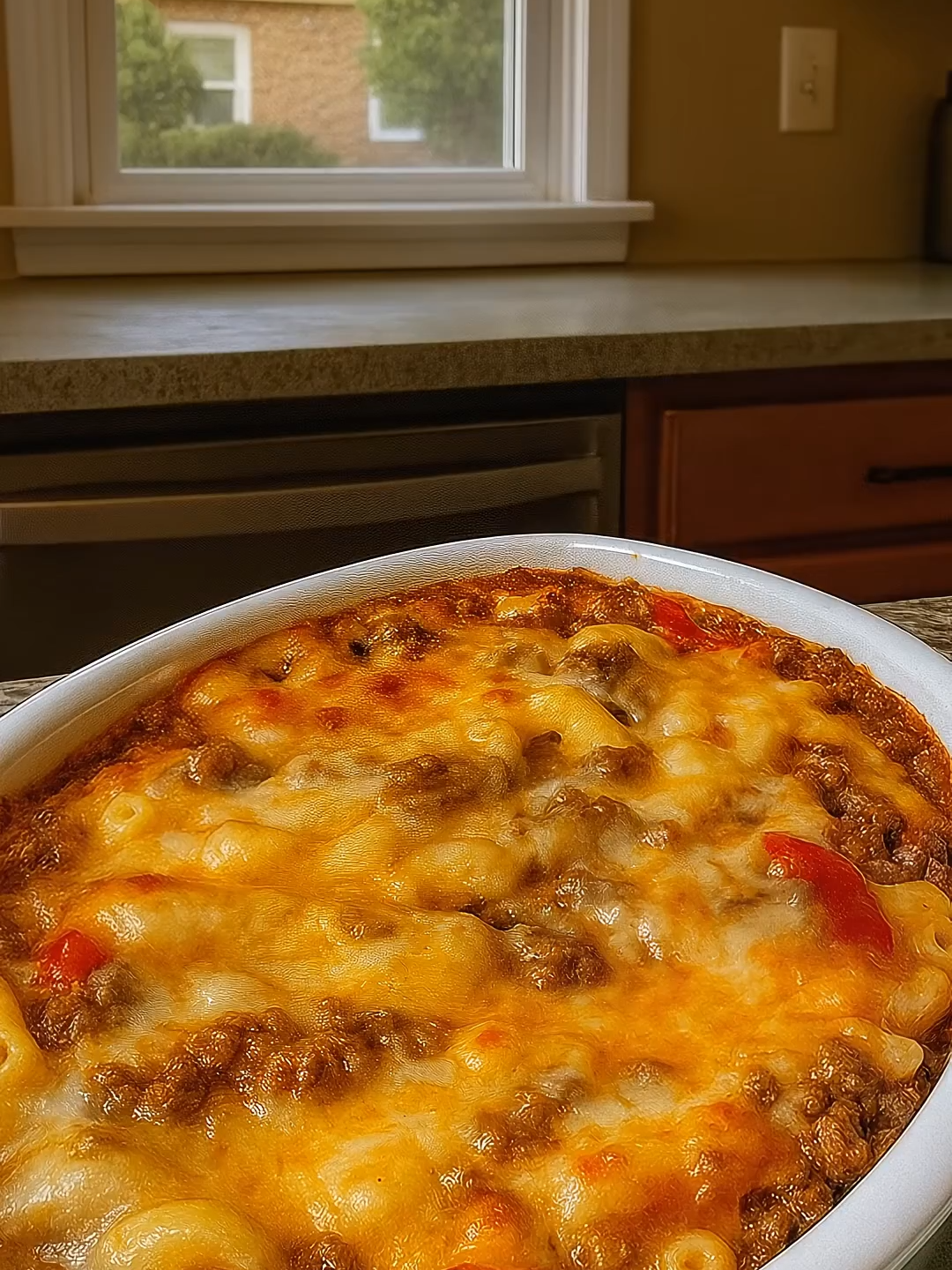 🧀 Cheesy Beef Macaroni Casserole Comforting, creamy, and cheesy — the ultimate weeknight dinner! ⏱️ Total Time: 45 minutes 🍽️ Servings: 6–8 --- 🧂 Ingredients For the casserole: 1 lb (450 g) ground beef 1 small onion, finely chopped 1 red bell pepper, diced 2 cups elbow macaroni (uncooked) 1 can (14 oz / 400 g) diced tomatoes, drained 1 cup tomato sauce 1 tsp garlic powder 1 tsp onion powder ½ tsp paprika Salt & pepper to taste For the cheese layer: 2 cups shredded cheddar cheese 1 cup shredded mozzarella cheese Optional: ¼ cup chopped parsley for garnish --- 👩‍🍳 Instructions 1️⃣ Cook the macaroni: Boil the elbow macaroni in salted water until al dente (slightly firm). Drain and set aside. 2️⃣ Prepare the beef mixture: In a large skillet, brown the ground beef over medium heat until no longer pink. Add chopped onion and diced bell pepper; cook for 3–4 minutes until softened. Stir in diced tomatoes, tomato sauce, and all the seasonings (garlic powder, onion powder, paprika, salt, and pepper). Simmer for about 5–7 minutes until flavors blend. 3️⃣ Combine with pasta: Add the cooked macaroni to the beef mixture and stir until everything is evenly coated with sauce. 4️⃣ Assemble the casserole: Transfer the mixture into a greased baking dish. Top evenly with the shredded cheddar and mozzarella cheeses. 5️⃣ Bake: Bake uncovered in a preheated oven at 375°F (190°C) for 15–20 minutes, or until the cheese is melted, bubbly, and slightly golden. 6️⃣ Serve: Garnish with parsley if desired, and serve hot!