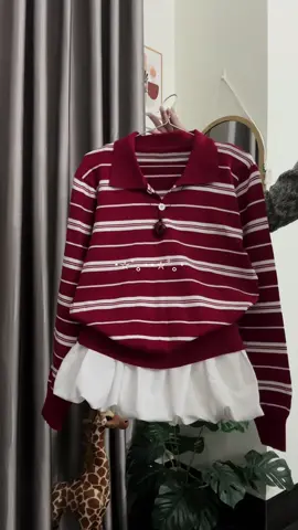 Áo len sọc đỏ cổ POLO tay dài QC #xh 