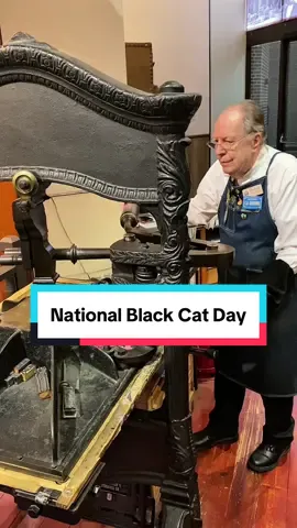 Since it is the spooky season, we are letterpress printing some of the Halloween related items in our print shop at the Sacramento History Museum. It also helps that today, October 27th, is National Black Cat Day!  This very small sort from a handy pack, which is less than an inch square, is from the Frank Cowsert Collection. This is from a handy pack made by the American Type Founders in the 1920s. Handy packs contain small symbols for informational or advertising purposes for printers in the letterpress trade. This particular handy pack is all holiday related.  For today, Howard letterpress printed a piece of lead alloy type, also called a sort, of a black cat with its back arched. This was printed with black rubber base ink using our Washington hand press, which was manufactured in 1852. #SacHistoryMuseum #blackcat #museum #cats #printing              