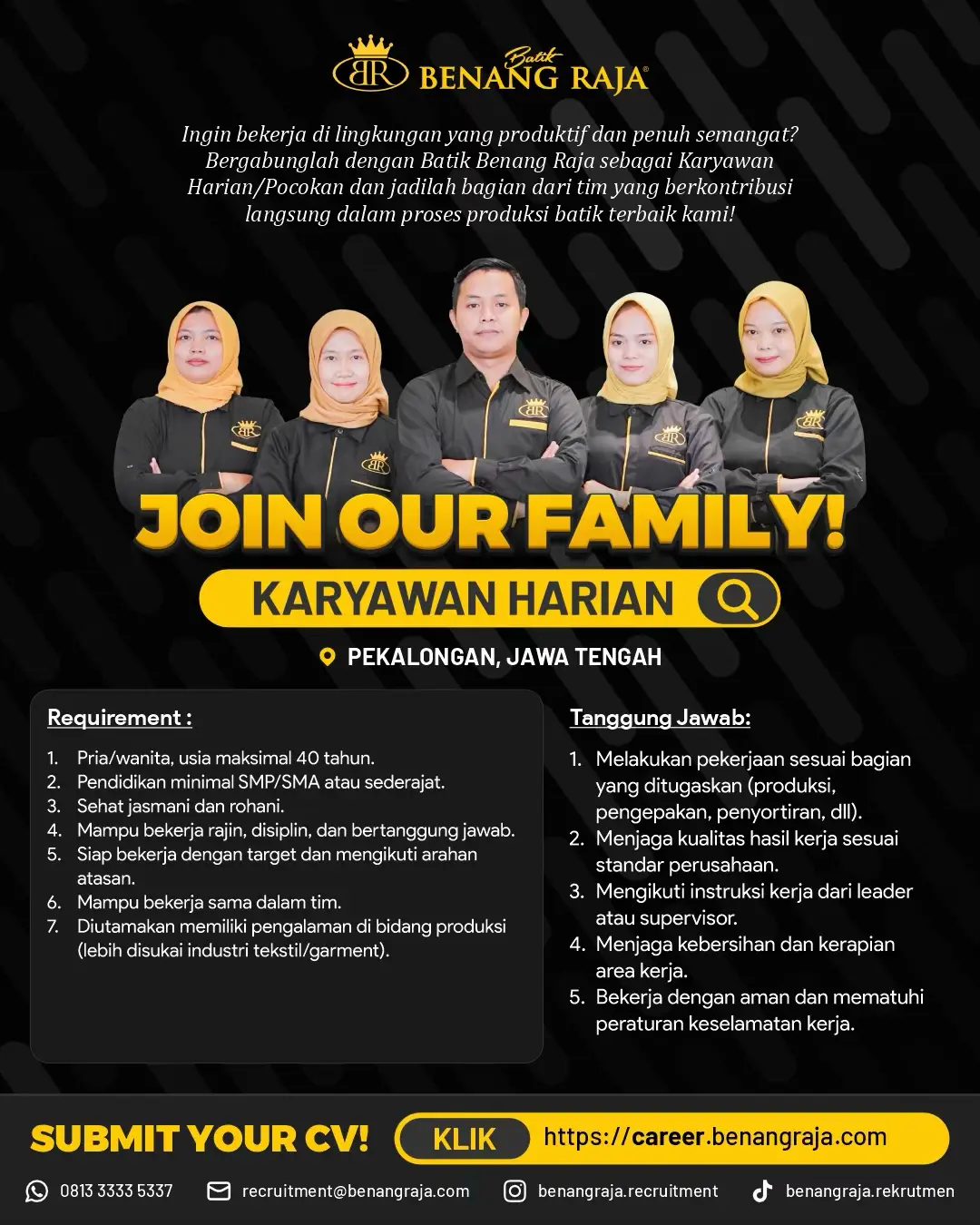 📍 Pekalongan, Jawa Tengah 📝 Lamar sekarang di: 🔗career.benangraja.com (Link di Bio) 📞 Info Rekrutmen: 0813 3333 5337 Paling Lambat 03 November 2025 ⚠️ Hati-hati Penipuan! Batik Benang Raja tidak pernah membuka lowongan kerja melalui link yang mencurigakan, DM/chat pribadi, atau meminta uang dalam bentuk apa pun. Lowongan resmi hanya diumumkan di akun Tiktok : @benangraja.rekrutmen Instagram : @benangraja.recruitment Buruan daftar sebelum kuotanya habis! 🚀 #lokerpekalongan #lowongankerjapekalongan #lokerbenangraja2025 #lokerkaryawangarmen #lokergarmen   