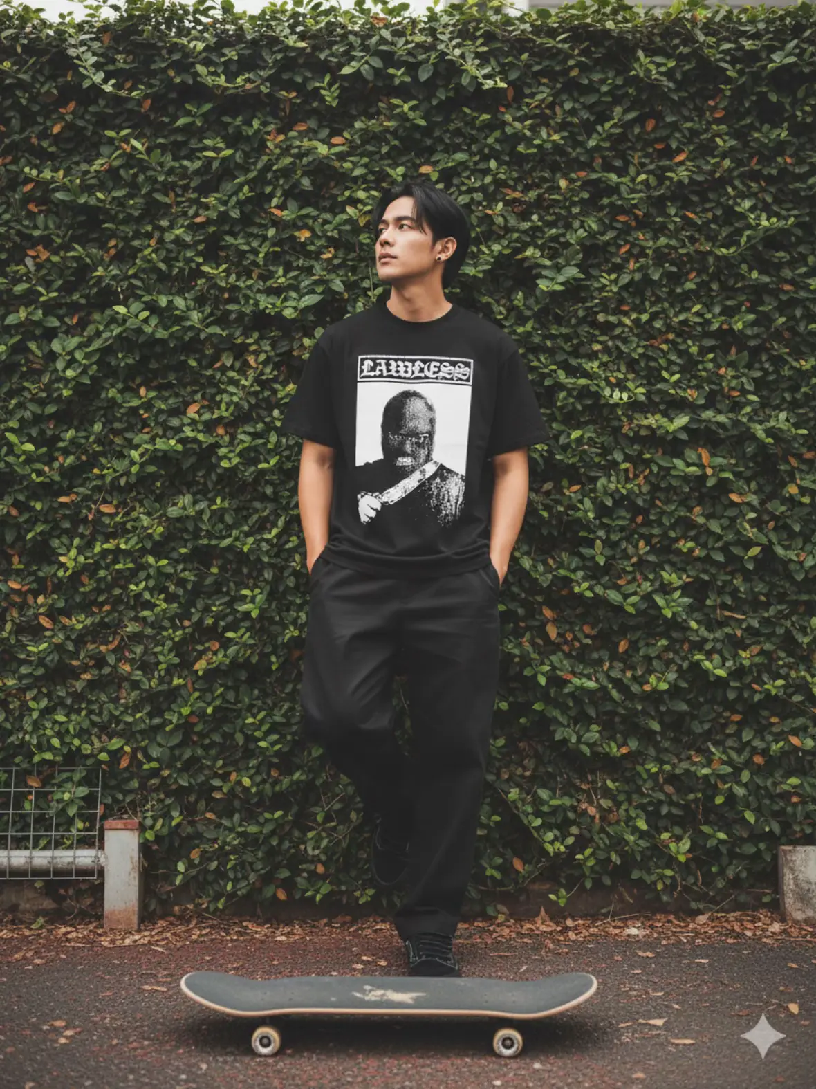 Prompt: Buatkan foto pria ini tanpa merubah wajah dan rambutnya, Di tengah gambar berdiri bersandar disebuah tembok penuh tanaman merambat, seorang pria ia menghadap sedikit ke samping kiri (dari sudut pandang penonton), dengan pandangan mata tertuju ke arah kiri atas atau jauh ke kejauhan, memberikan kesan termenung atau melihat sesuatu di luar bingkai. Ia mengenakan kaos lengan pendek berwarna hitam. Di bagian dada kaos terdapat grafis atau cetakan berwarna terang (tampak putih atau abu-abu muda). Grafis tersebut tampaknya merupakan potret wajah seseorang (terlihat seperti foto hitam putih atau bernuansa gelap) dengan tulisan di atasnya, meskipun tulisannya sulit dibaca dengan jelas dari gambar. Pria itu memadukan kaus tersebut dengan celana panjang longgar (baggy) berwarna hitam. Celana tersebut memiliki potongan sangat lebar dan jatuh bebas hingga menutupi hampir seluruh sepatunya. Tangan kedua pria itu dimasukkan ke dalam saku celananya. Pria tersebut memakai sepatu berwarna gelap, kemungkinan besar sepatu skate berwarna hitam, yang sesuai dengan skateboard yang ia injak. Benda Lain: Di bagian paling bawah foto, tepat di depan pria tersebut, tergeletak sebuah skateboard. Papan skate tersebut berwarna gelap (mungkin hitam) dengan grip tape gelap. Bagian bawah papan (deck) menghadap ke atas, menunjukkan bagian bawah yang mungkin sedikit tergores atau kotor karena pemakaian. Roda dan truck terlihat samar. Aksesoris : ia menggenakan anting hitam di kedua telinganya. Latar Belakang: Latar belakang didominasi oleh dinding tebal yang seluruhnya tertutup oleh tanaman merambat hijau lebat. Daun-daunnya tampak kecil dan rapat, menciptakan tekstur visual yang padat dan subur. Tumbuhan ini menutupi struktur di belakangnya, yang terlihat seperti pagar kawat rendah di bagian bawah dan beberapa tiang beton atau logam. Di sebelah kiri, terlihat bagian dari struktur pagar kawat atau kisi-kisi logam yang sedikit lebih jelas di bawah kanopi daun. Di sisi kanan atas, terlihat sedikit dari struktur bangunan abu-abu dan bagian atas tiang yang lebih besar. Pencahayaan dan Komposisi: Pencahayaan terlihat seperti cahaya alami di luar ruangan pada hari yang cerah atau sedikit mendung. Foto ini memiliki nuansa warna yang agak hangat dan sedikit pudar (film-like atau vintage), dengan sedikit grain atau tekstur. Komposisi menempatkan subjek di tengah, dengan tanaman hijau sebagai latar belakang yang kontras dan memberikan kedalaman serta suasana streetwear atau urban nature. Lantai tempat pria itu berdiri tampak seperti campuran kerikil, tanah, dan aspal berwarna cokelat kemerahan. #ai #gemini #prompt #fyp #foryoupage 