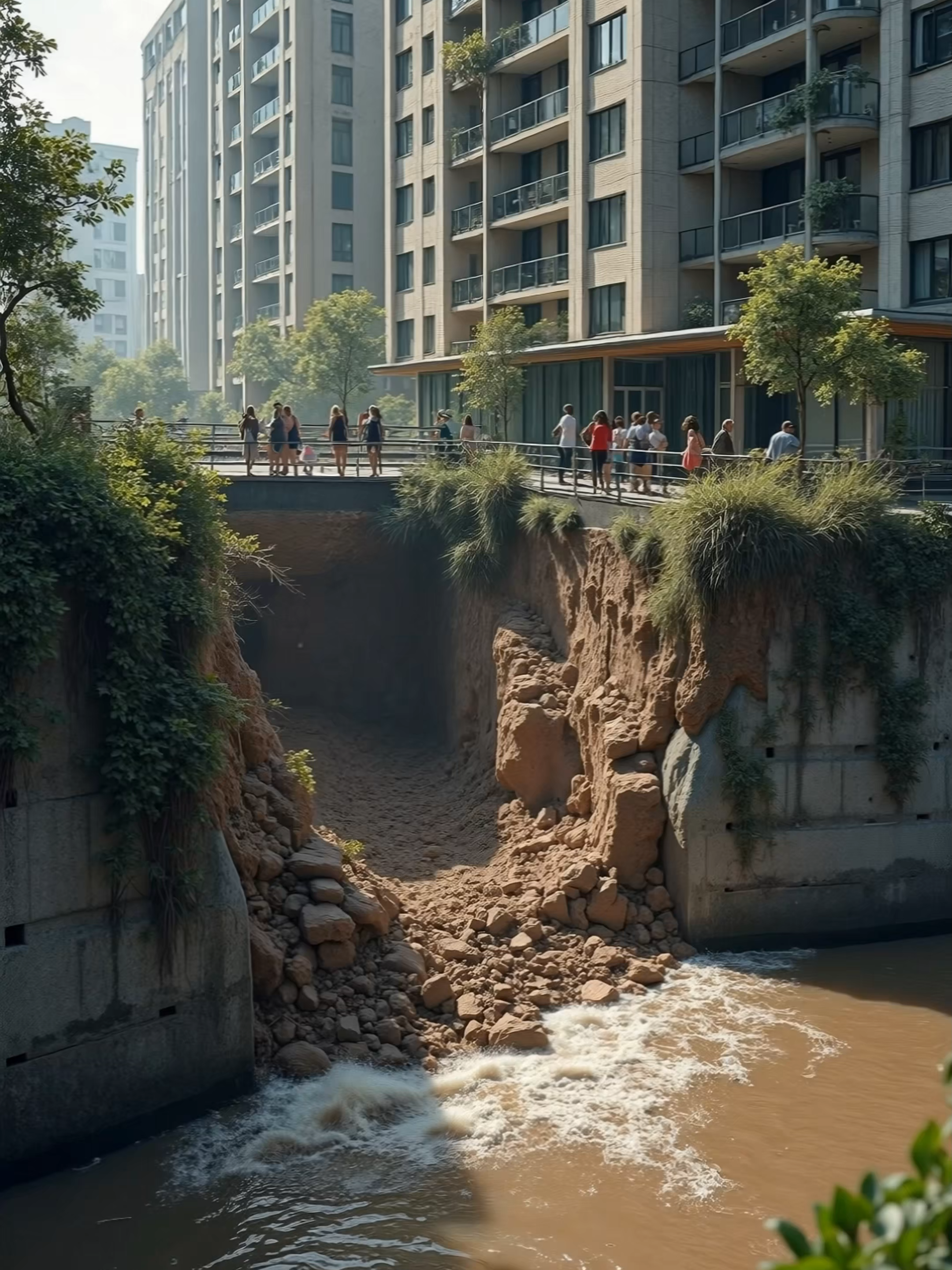 瞬间坍塌！城市河岸突然塌方，高层公寓整栋倾倒，现场尘土翻滚混乱一片 #城市灾难 #高楼坍塌 #塌方事故 #惊魂瞬间