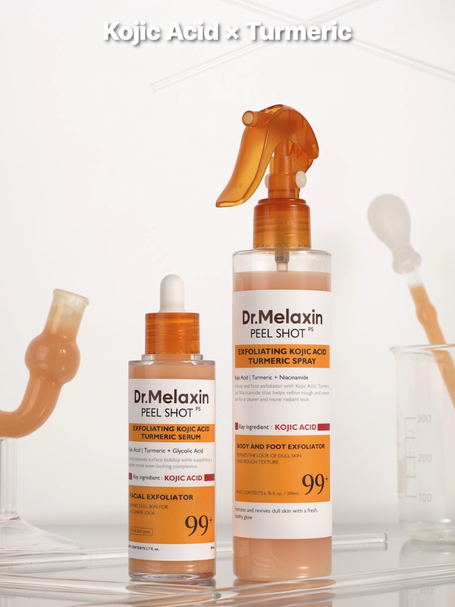 Dark spots on your face. Rough texture on your body. Kojic Acid + Turmeric care both — from face to body. One routine, total radiance. #DrMelaxin #PeelShot #KojicAcid #TurmericCare #BrighteningRoutine 