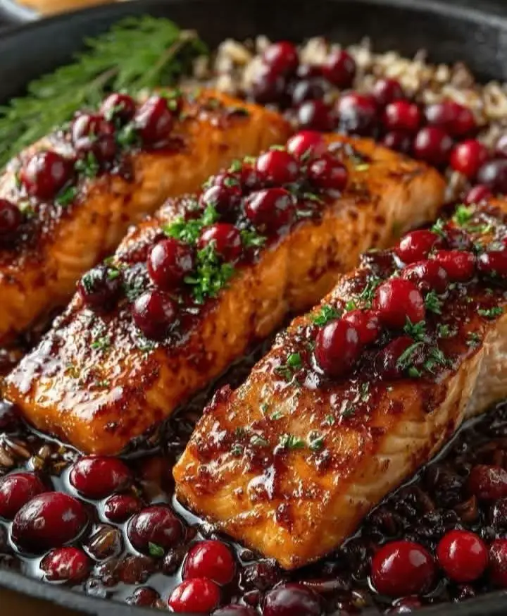 Cranberry Balsamic Glazed Salmon with Wild RiceIngredients:For the Salmon:4 salmon fillets