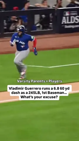 World Series 1st Baseman, Vladimir Guerrero Jr. runs a 6.8 60yd dash…at 245 pounds. Read that again. Speed isn’t reserved for the “lean guys.” It’s built through mechanics, intent, and consistent sprint work. You can run a sub-7 no matter your frame if you train for it. Stop blaming size. Start fixing effort. Because speed has nothing to do with shape and everything to do with commitment. Dm me on IG to learn how you can run a 6.8 like Vladdy  #baseball #vladimirguerrerojr #WorldSeries #onlinebaseballcoach