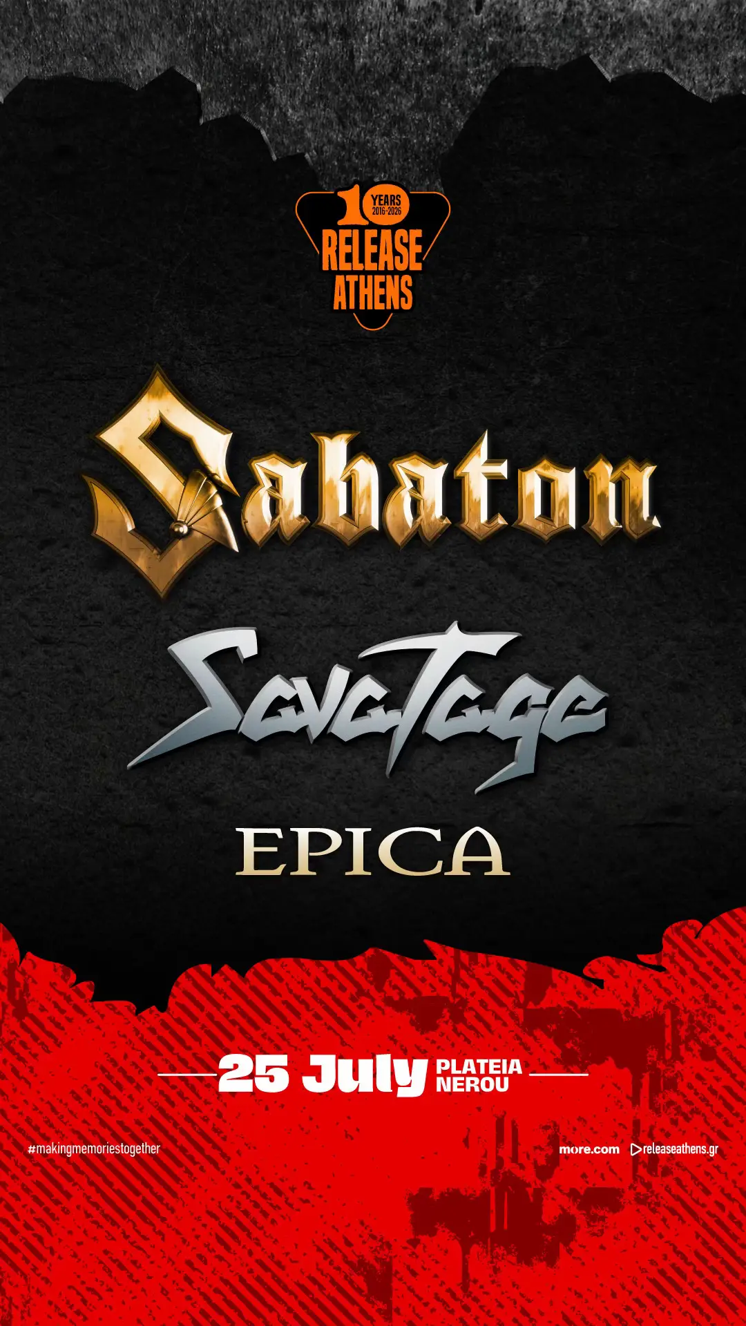 🎉10 ΧΡΟΝΙΑ RELEASE ATHENS 🎉 💥Το Release Athens 2026 υποδέχεται τους @Sabaton Official, το Σάββατο 25 Ιουλίου, στην Πλατεία Νερού. ⚡️Μαζί τους, οι @Savatage, οι οποίοι επιστρέφουν στην Αθήνα μετά από πολλά χρόνια, ως ιδανικοί co-headliners, σε ένα lineup που συμπληρώνουν οι - τόσο αγαπημένοι στη χώρα μας - εκπρόσωποι του symphonic metal, @EPICA. #releaseathens26 #sabaton #savatage #epica #10yearsreleaseathens   
